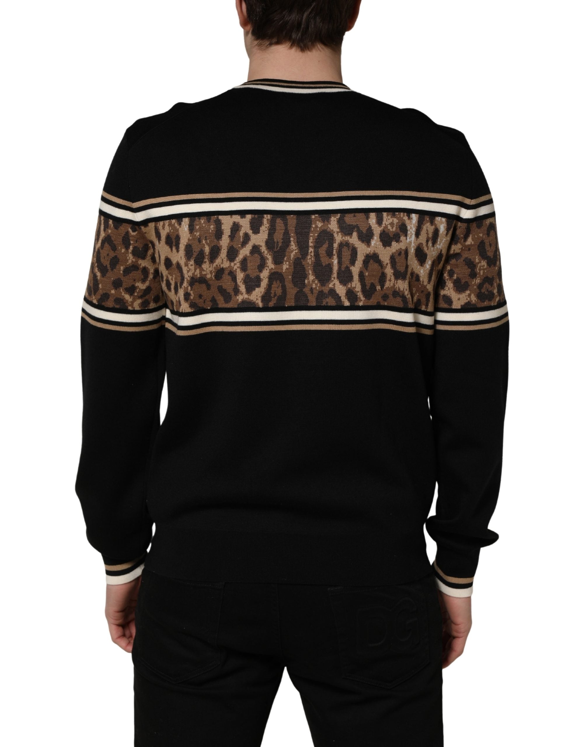 Dolce & Gabbana Black Leopard Wool Crew Neck Men Pullover Sweater Dolce & Gabbana