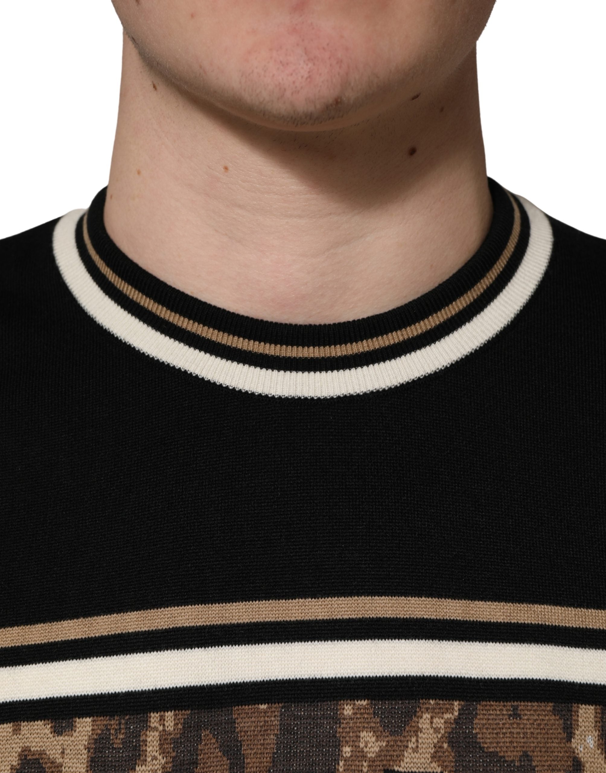 Dolce & Gabbana Black Leopard Wool Crew Neck Men Pullover Sweater Dolce & Gabbana