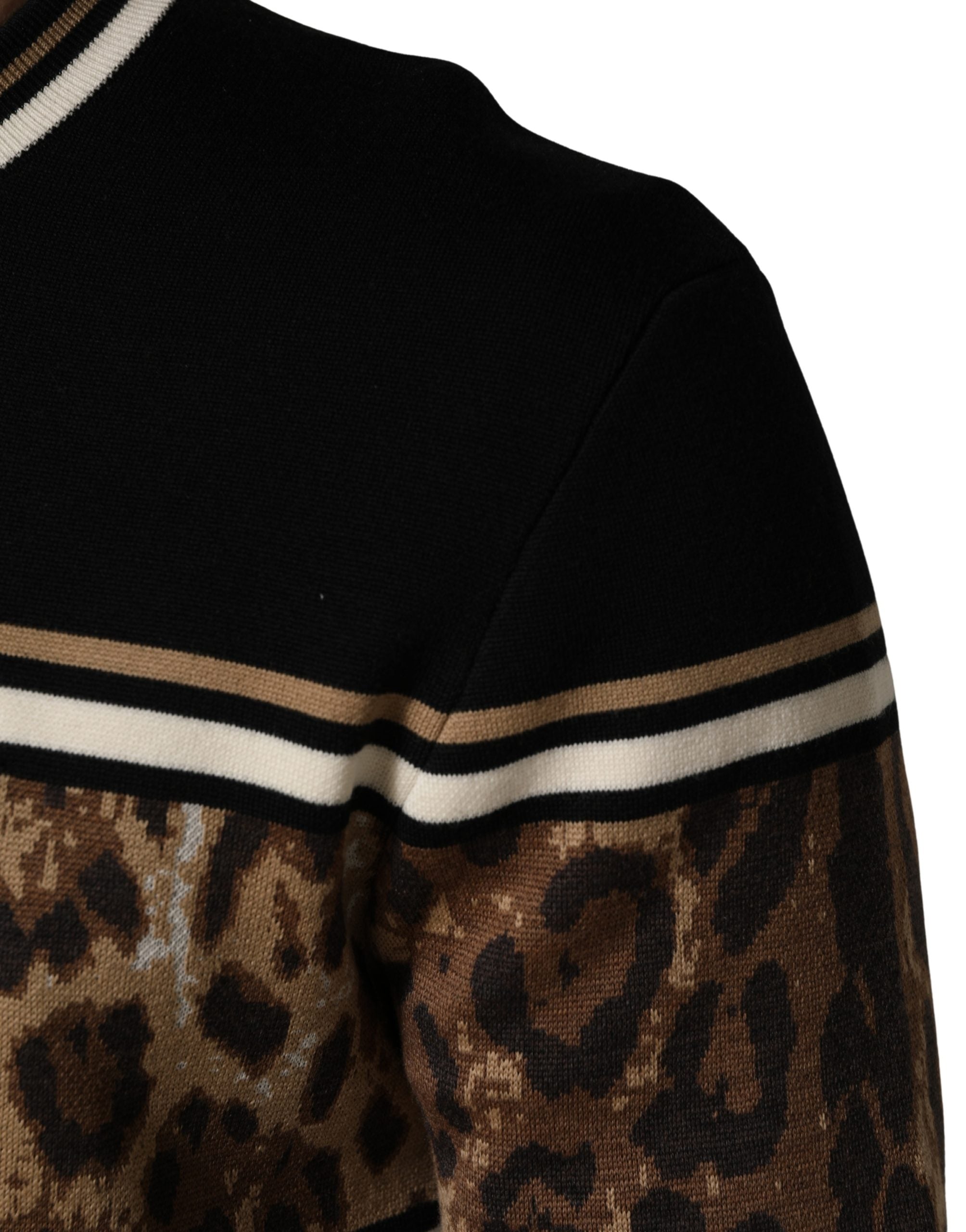 Dolce & Gabbana Black Leopard Wool Crew Neck Men Pullover Sweater Dolce & Gabbana