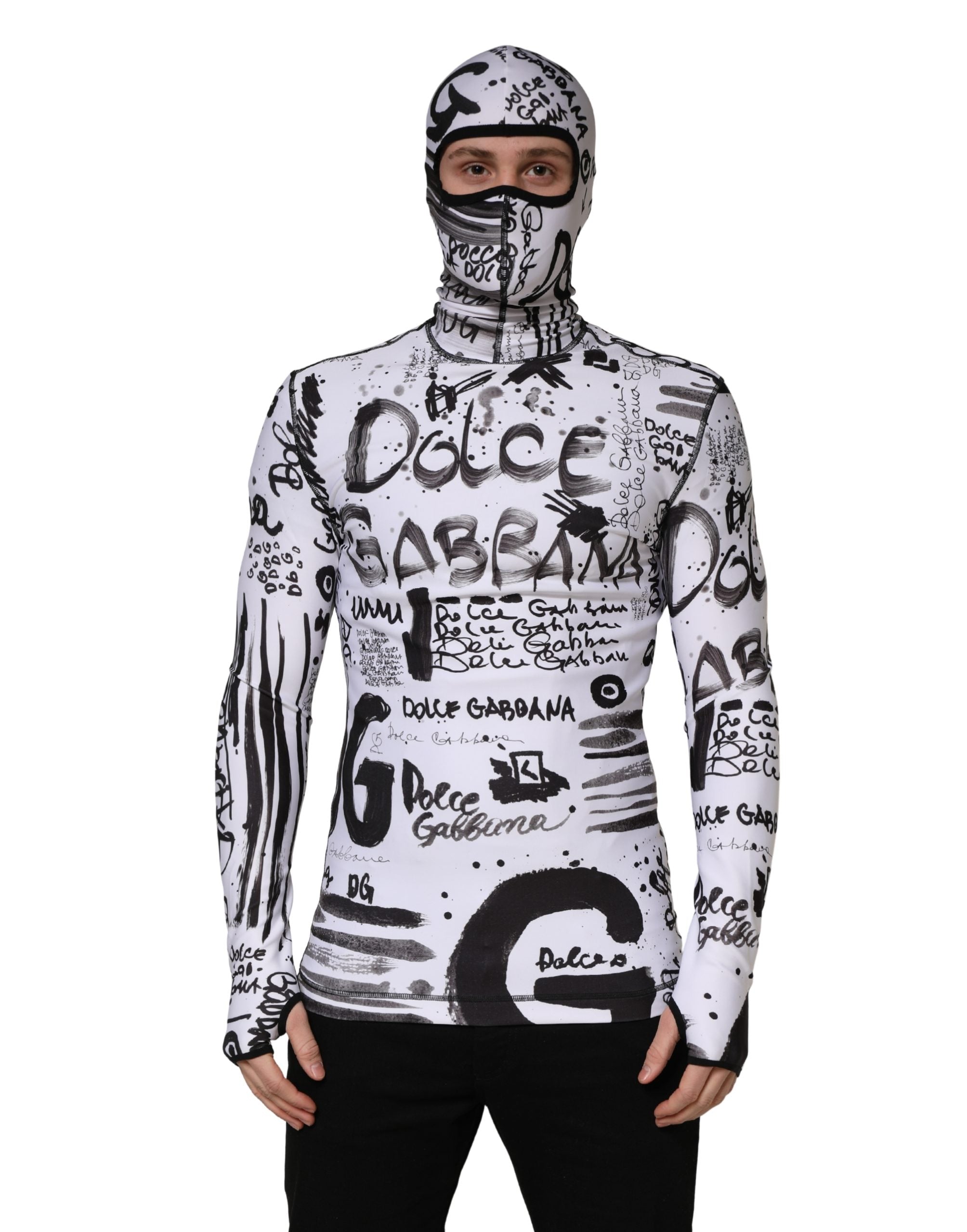 Dolce & Gabbana White Jersey Graffiti Print Balaclava Hood Sweater Dolce & Gabbana