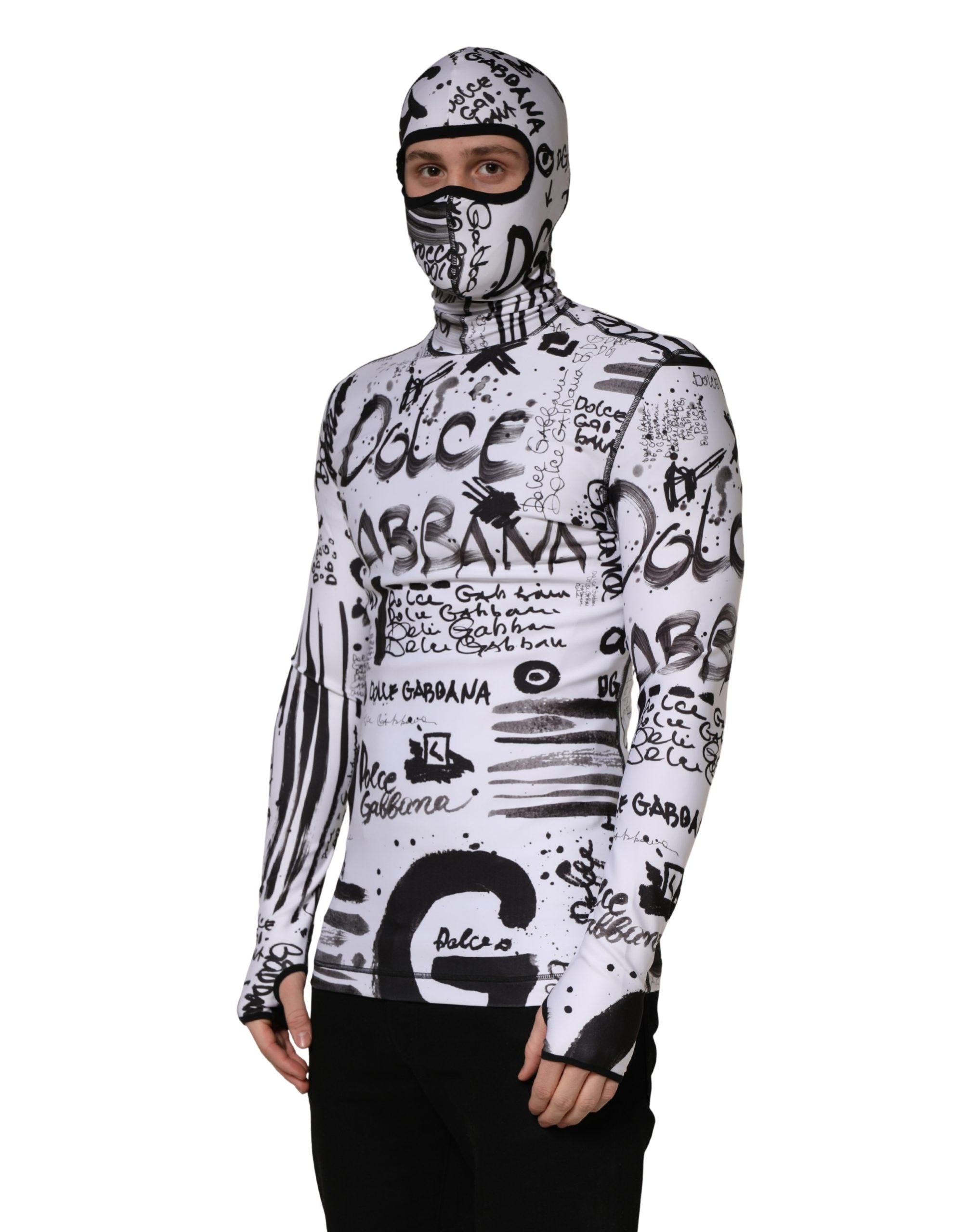 Dolce & Gabbana White Jersey Graffiti Print Balaclava Hood Sweater Dolce & Gabbana