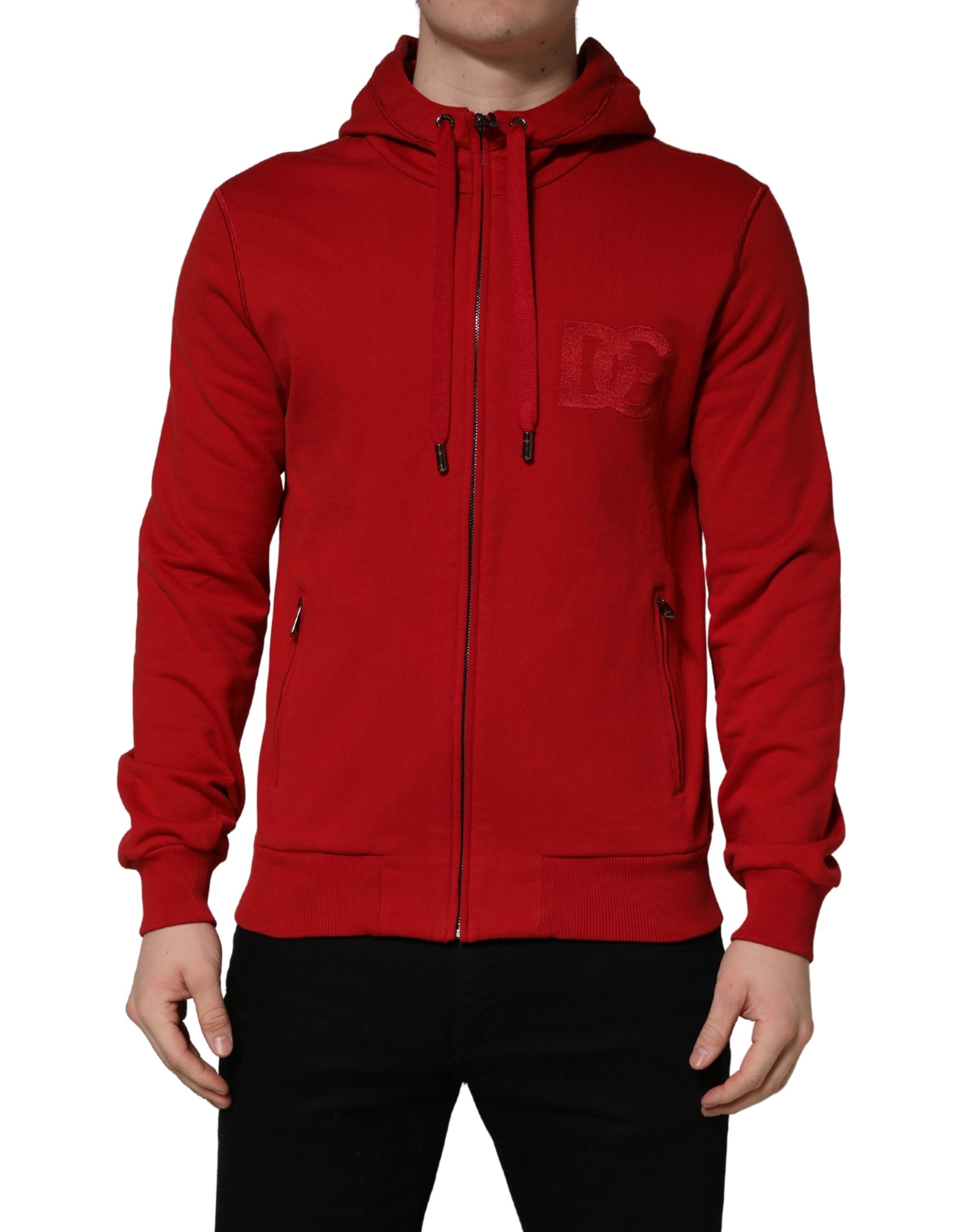 Dolce & Gabbana Red Embroidered Logo Hooded Full Zip Sweater Dolce & Gabbana
