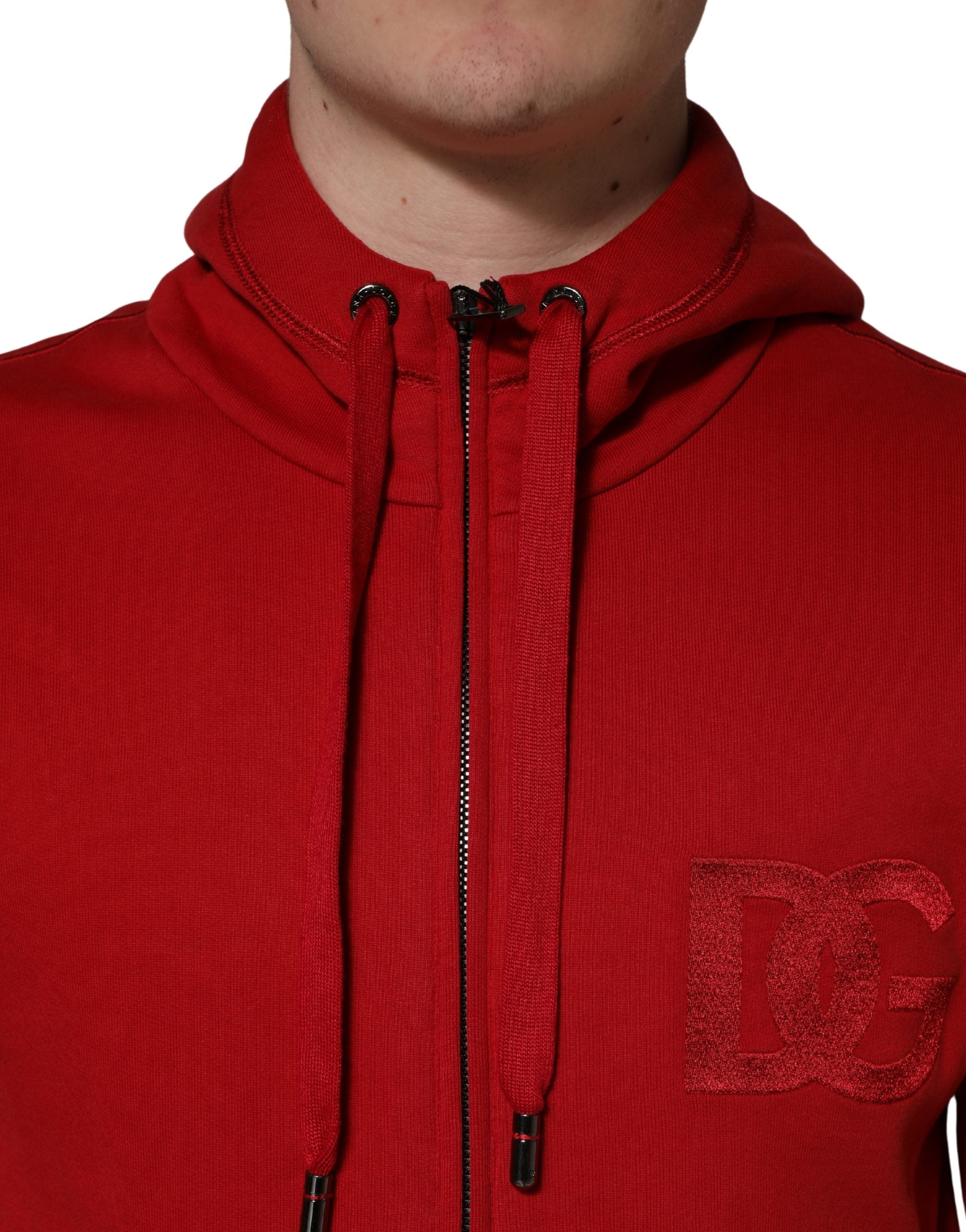 Dolce & Gabbana Red Embroidered Logo Hooded Full Zip Sweater Dolce & Gabbana