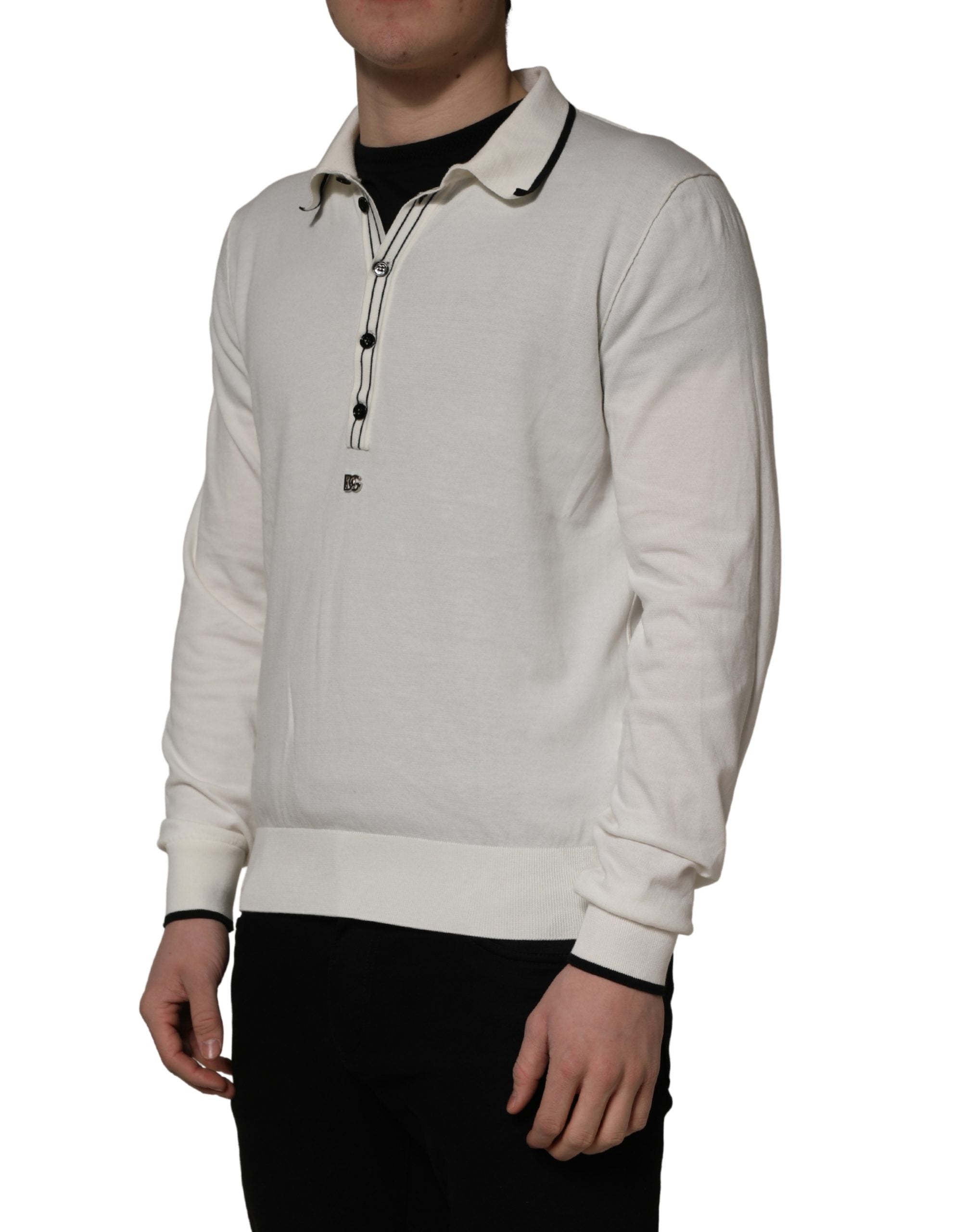 Dolce & Gabbana White Cotton Blend Men Polo Pullover Sweater Dolce & Gabbana