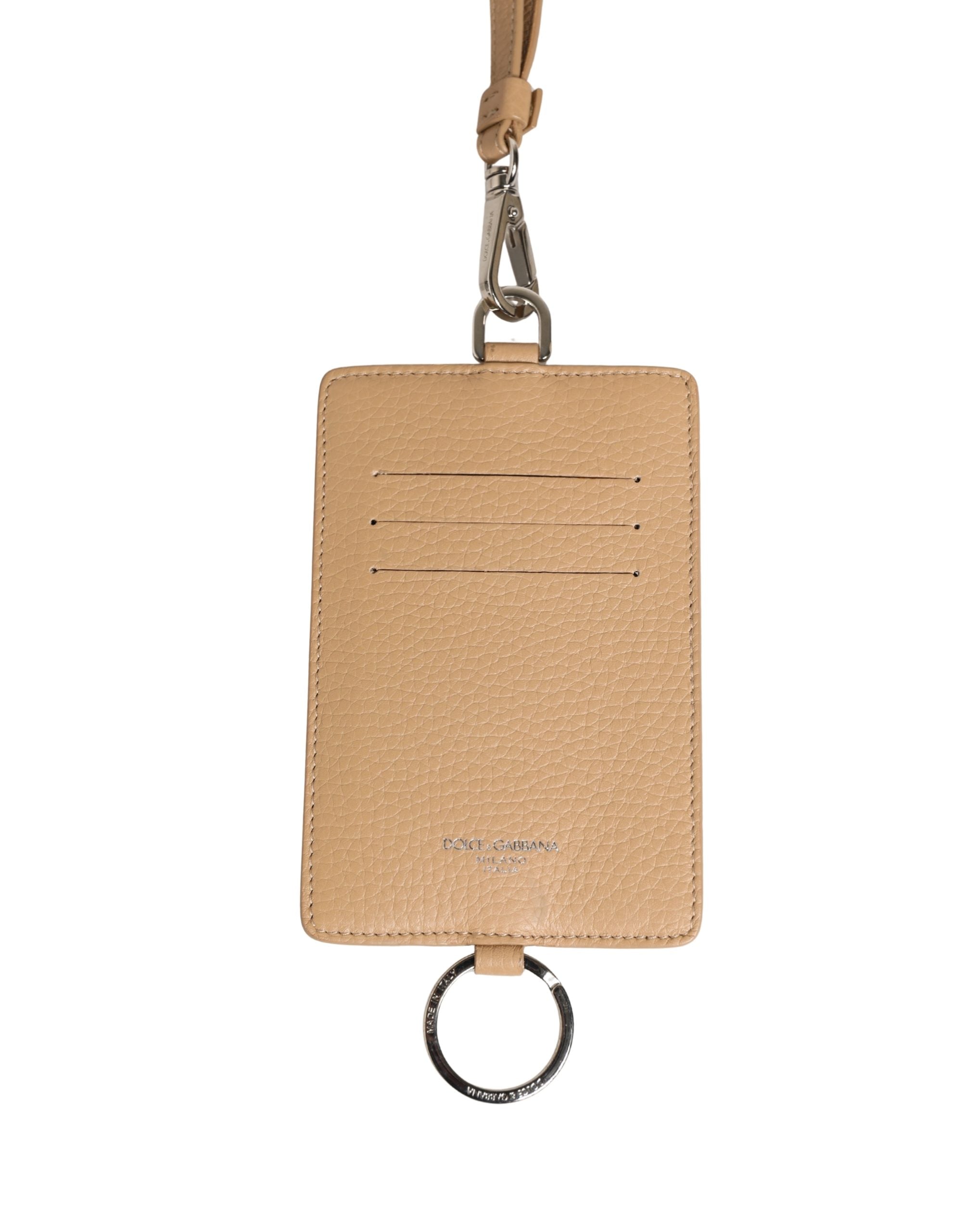 Dolce & Gabbana Beige Leather Logo Embossed Lanyard Card Holder Wallet Dolce & Gabbana