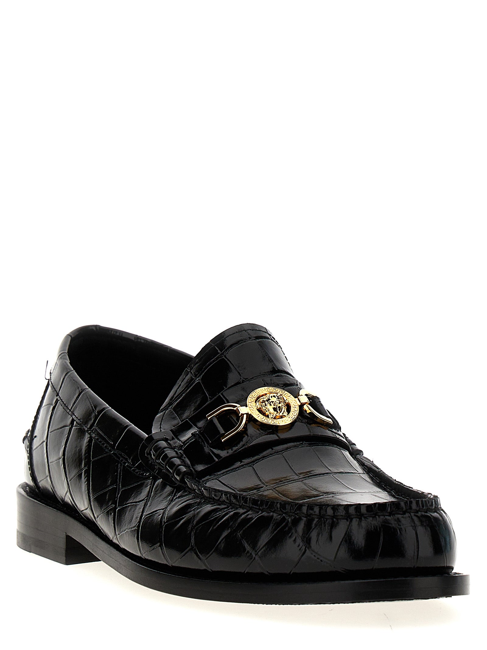 Versace Black Velvet Leather Slip-On Loafers Versace