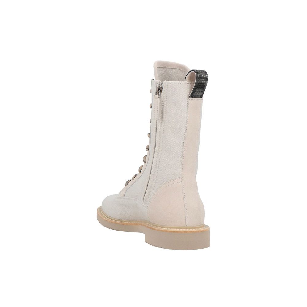 Brunello Cucinelli Beige Cotton Lace-Up Boots Brunello Cucinelli