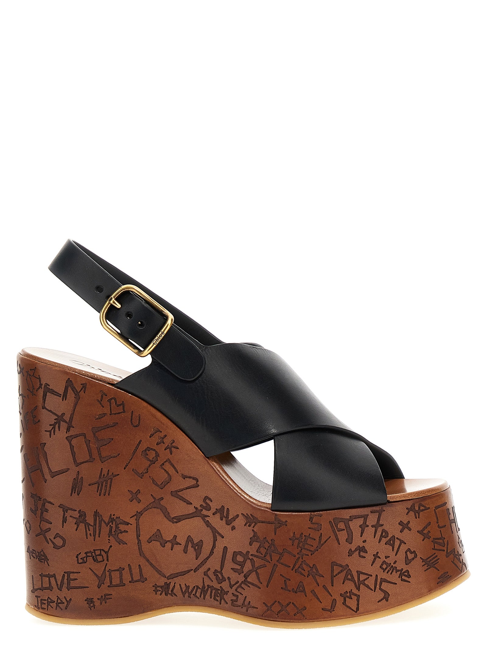 Chloé Black Calfskin Wedge Sandals Chloé