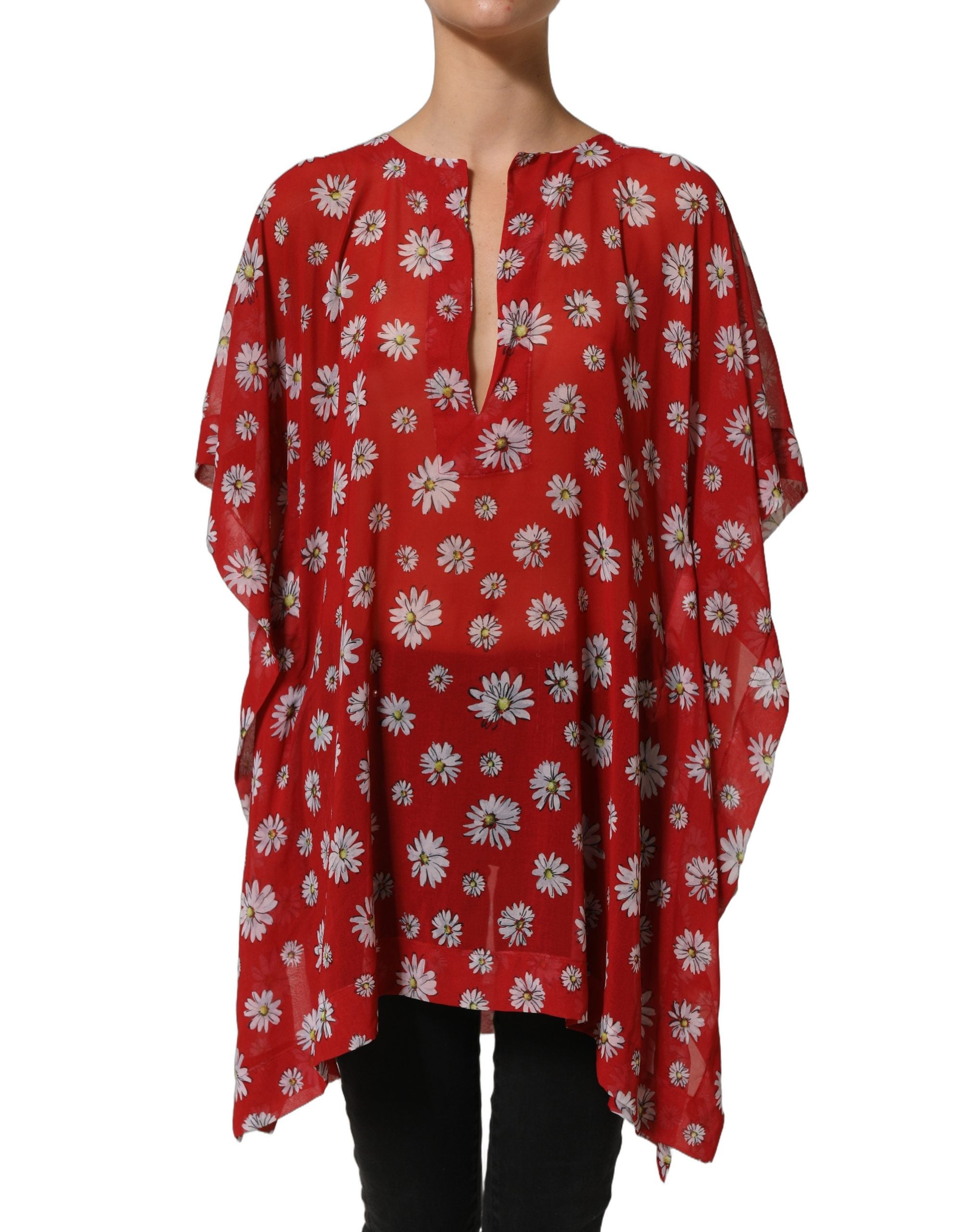 Dolce & Gabbana Red Floral V-neck Polyester Kaftan Blouse Top Dolce & Gabbana