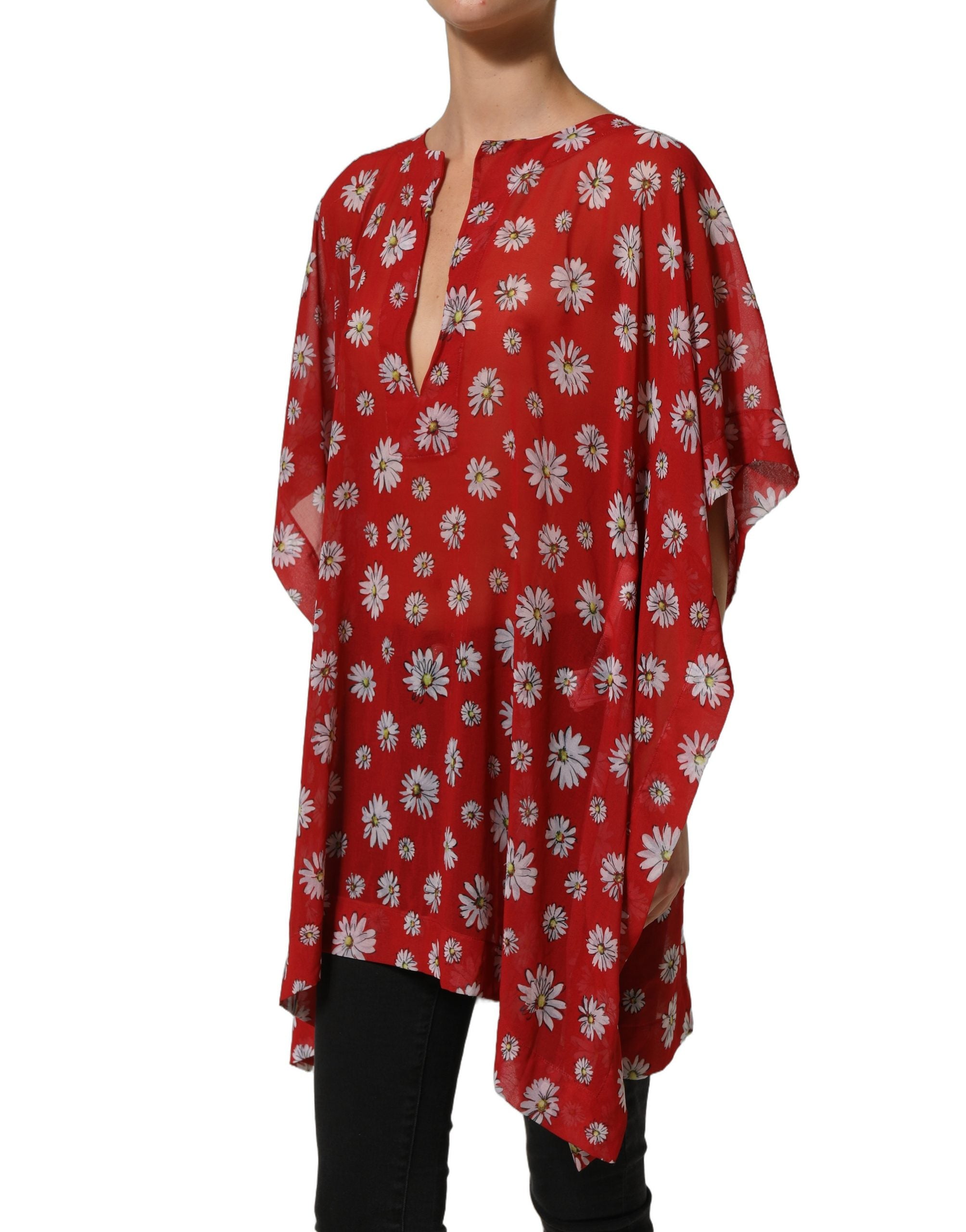 Dolce & Gabbana Red Floral V-neck Polyester Kaftan Blouse Top Dolce & Gabbana
