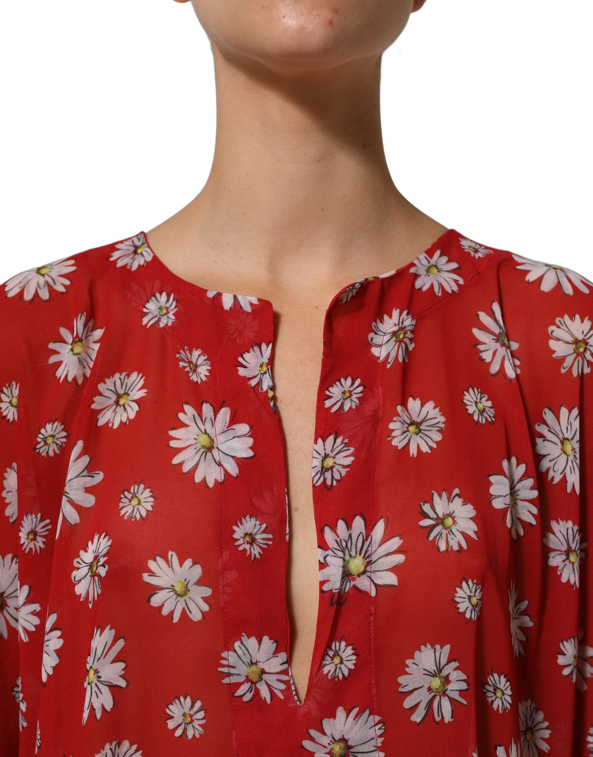 Dolce & Gabbana Red Floral V-neck Polyester Kaftan Blouse Top Dolce & Gabbana