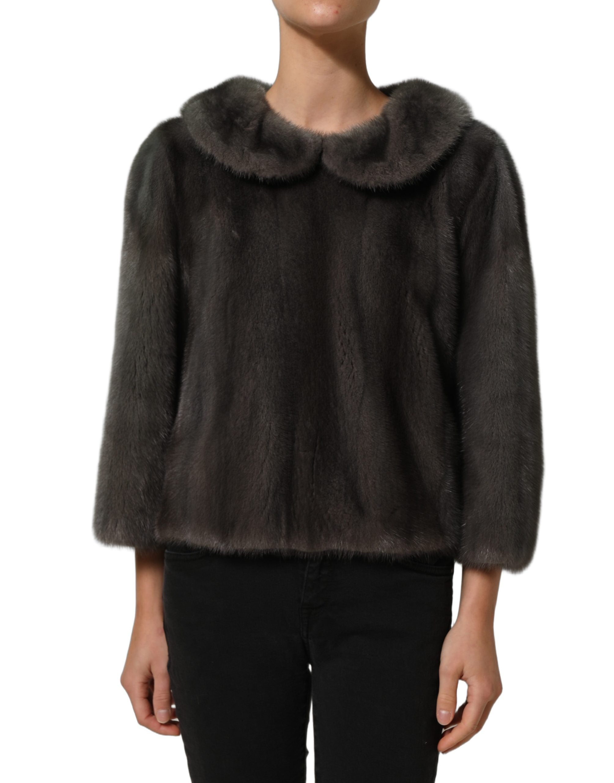 Dolce & Gabbana Dark Gray Mink Fur Round Collar Blouse Top Dolce & Gabbana