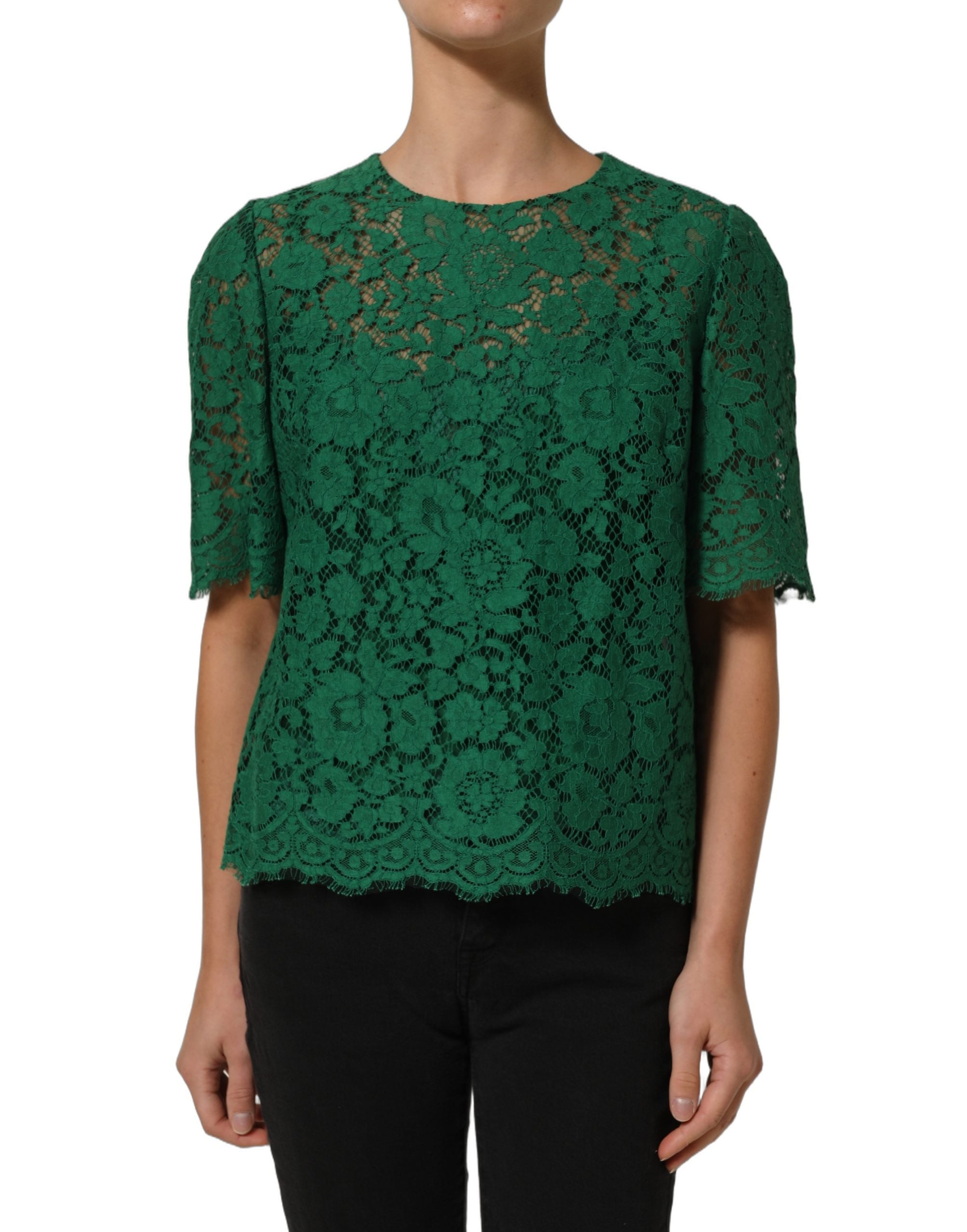 Dolce & Gabbana Green Floral Lace Round Neck Blouse Top Dolce & Gabbana