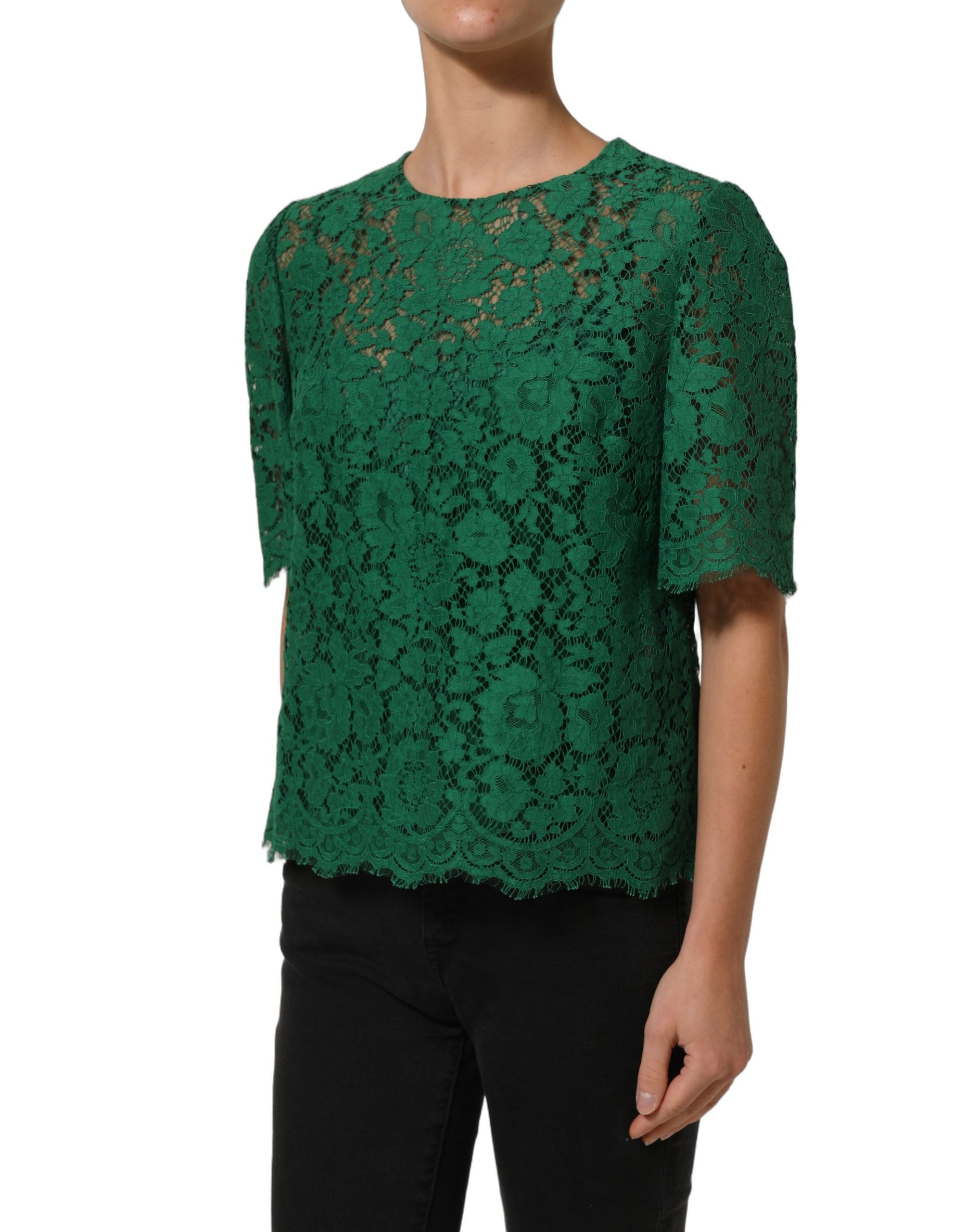 Dolce & Gabbana Green Floral Lace Round Neck Blouse Top Dolce & Gabbana