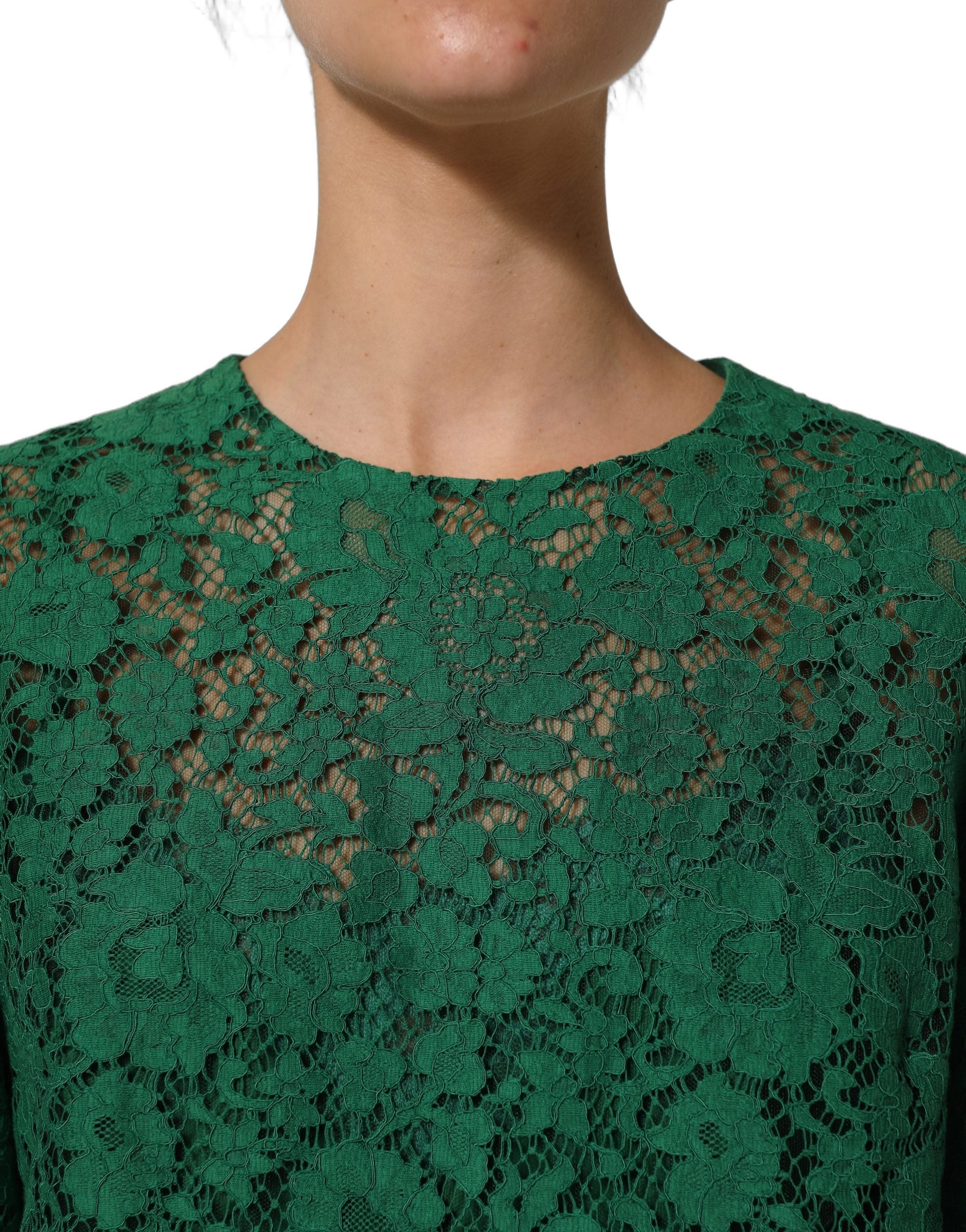 Dolce & Gabbana Green Floral Lace Round Neck Blouse Top Dolce & Gabbana