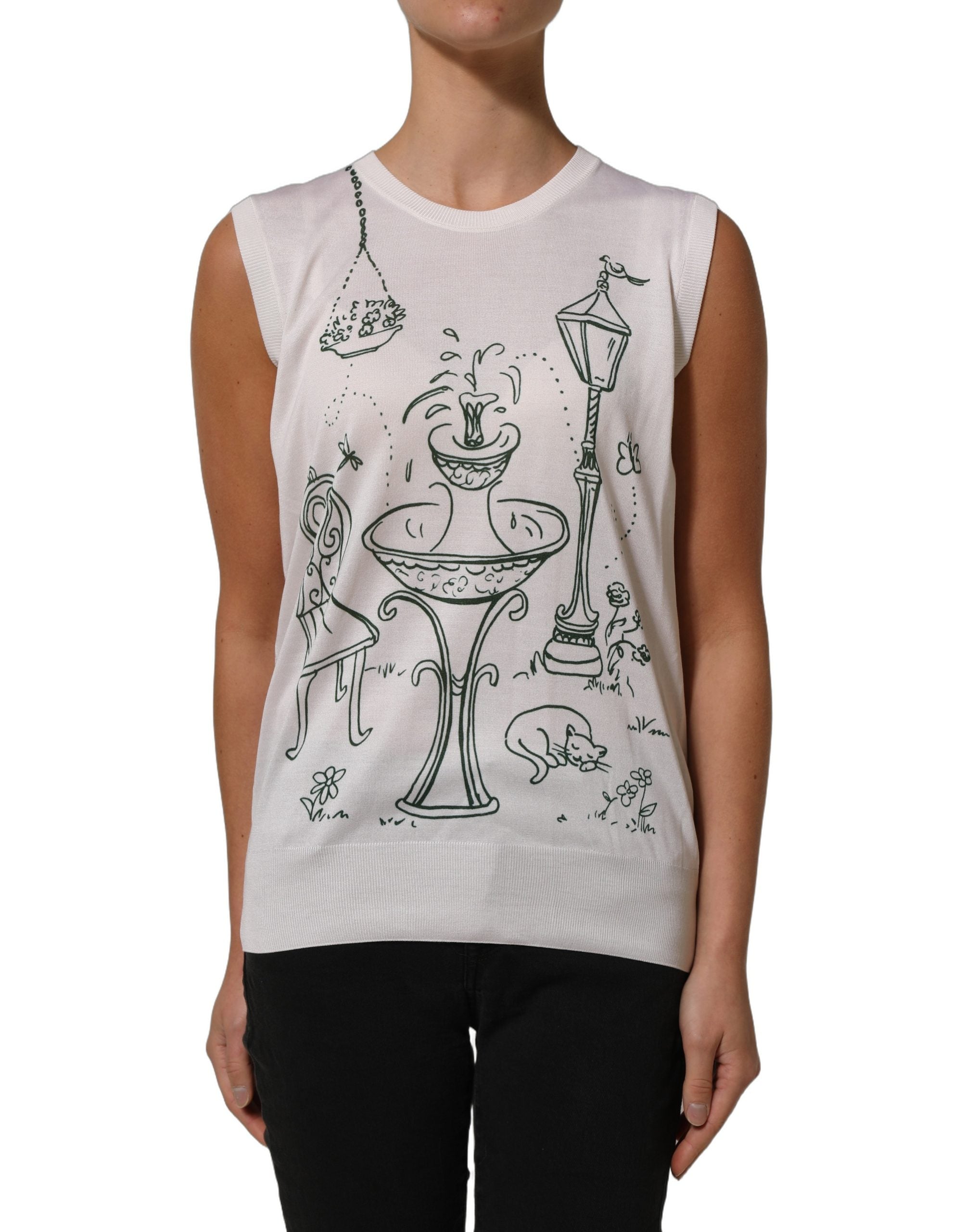 Dolce & Gabbana White Silk Knit Garden Fountain Print Tank Top Dolce & Gabbana