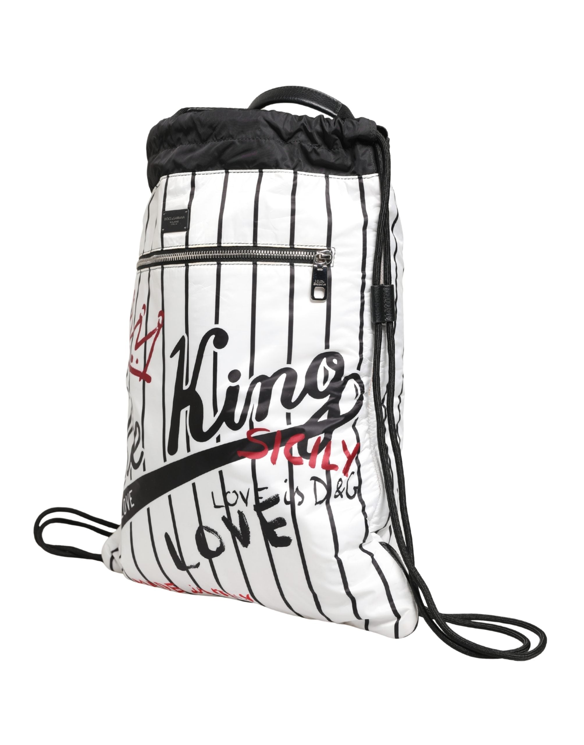 Dolce & Gabbana Black White Striped Polyester Drawstring Backpack Men Bag Dolce & Gabbana
