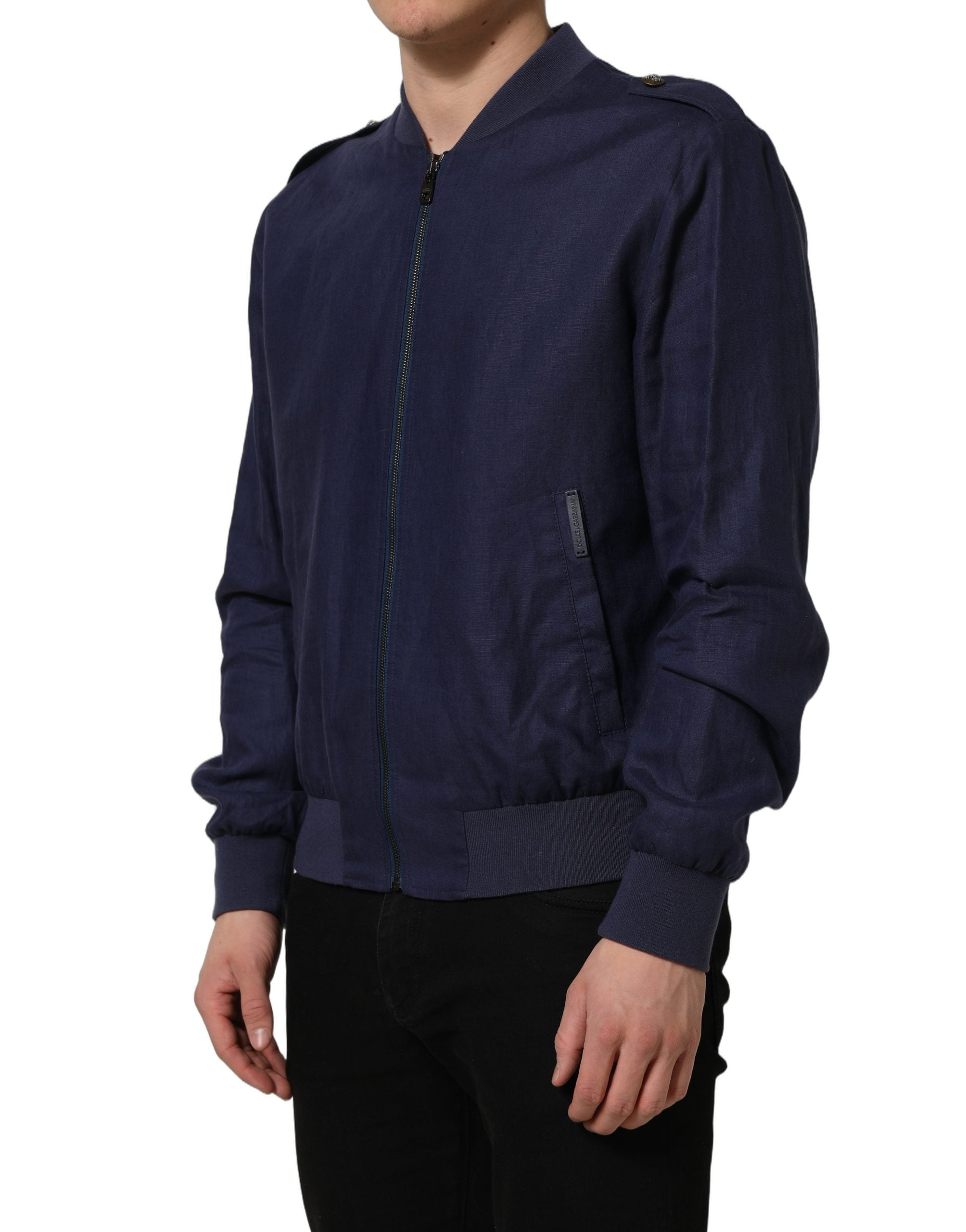 Dolce & Gabbana Blue Linen Full Zip Men Bomber Jacket Dolce & Gabbana