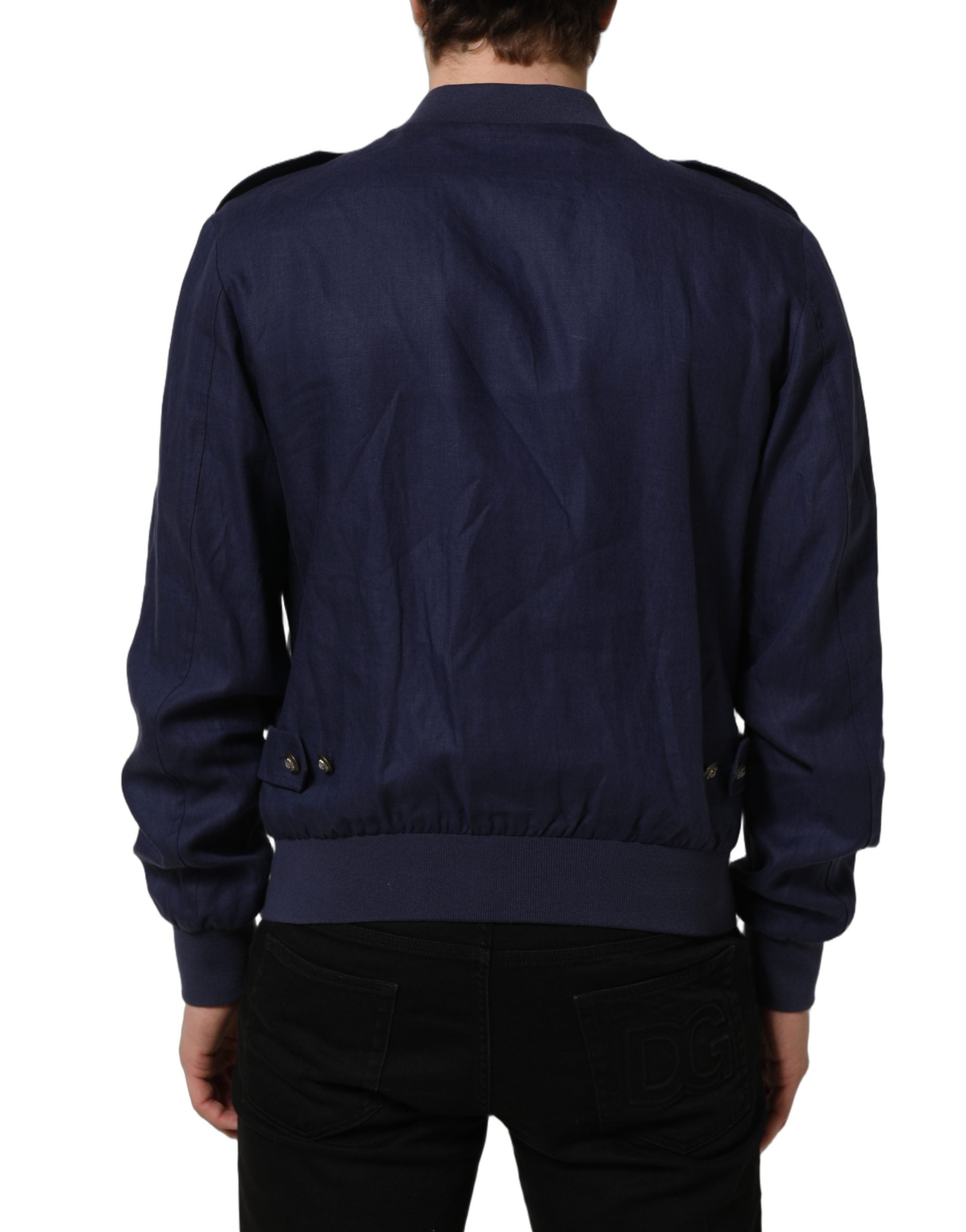 Dolce & Gabbana Blue Linen Full Zip Men Bomber Jacket Dolce & Gabbana