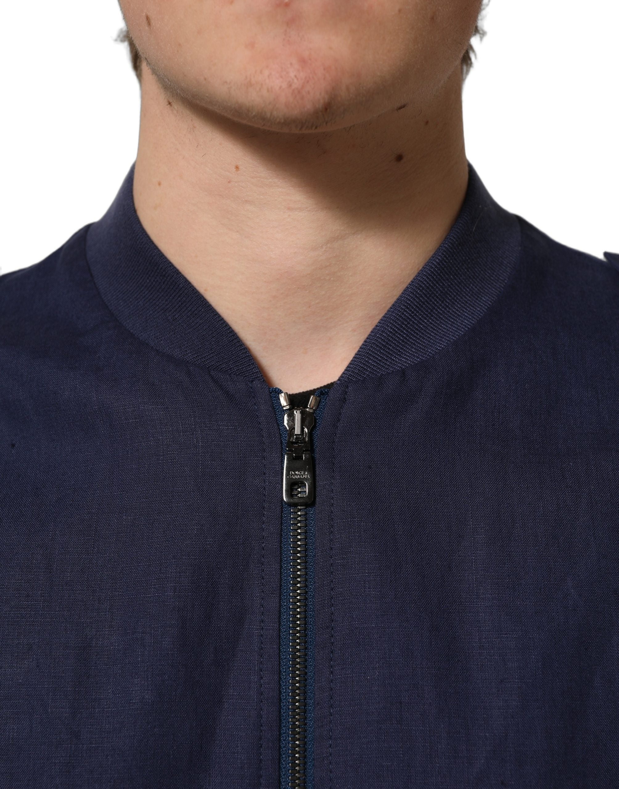 Dolce & Gabbana Blue Linen Full Zip Men Bomber Jacket Dolce & Gabbana