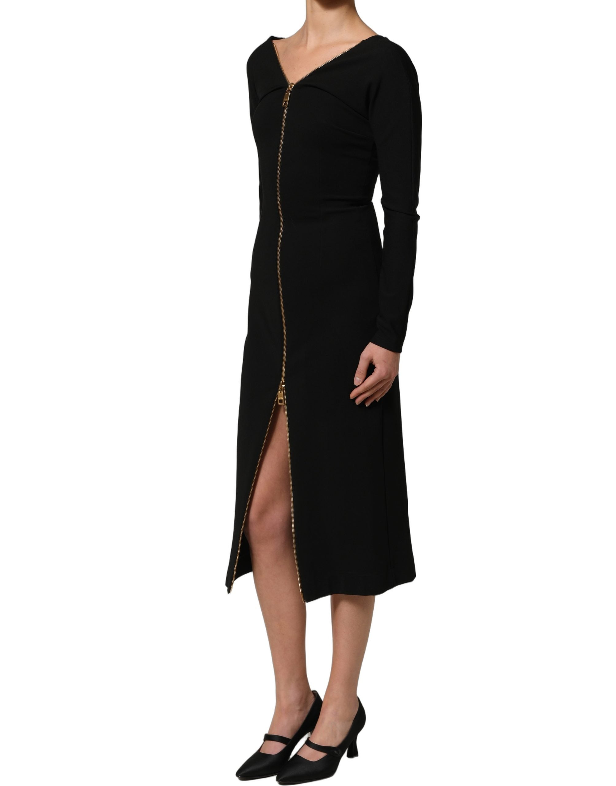 Dolce & Gabbana Black Long Sleeves Front Zipper Midi Dress Dolce & Gabbana