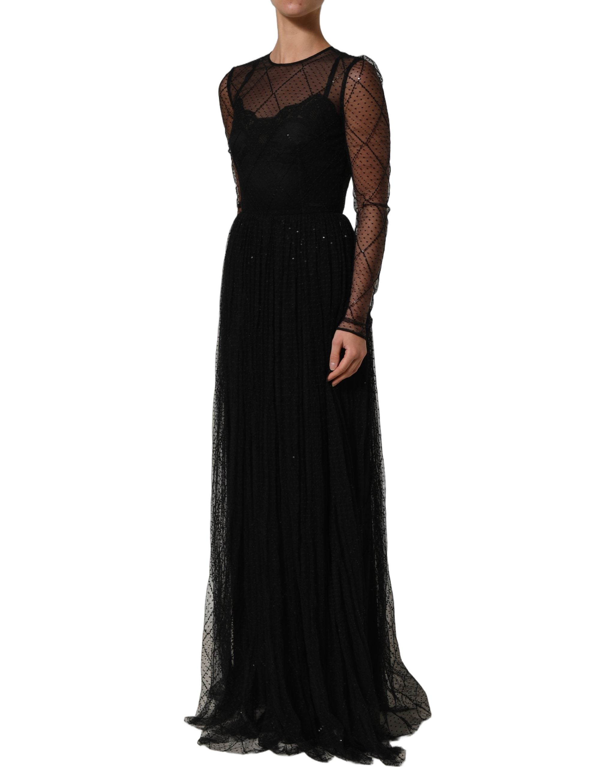 Dolce & Gabbana Black Mesh Lace Long Sleeved Maxi Gown Dress Dolce & Gabbana