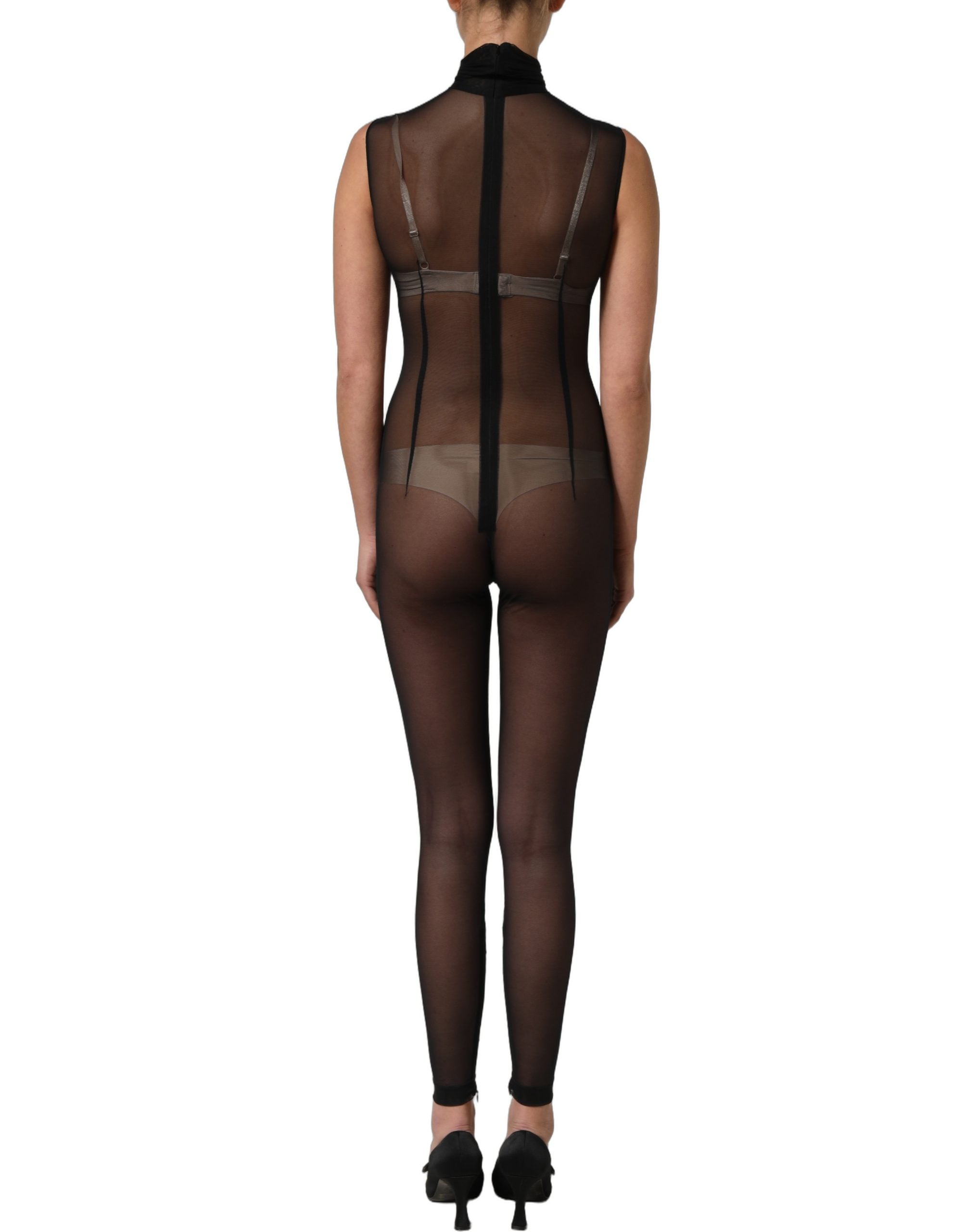 Dolce & Gabbana Black Sheer Mesh Jumpsuit Turtleneck Dress Dolce & Gabbana