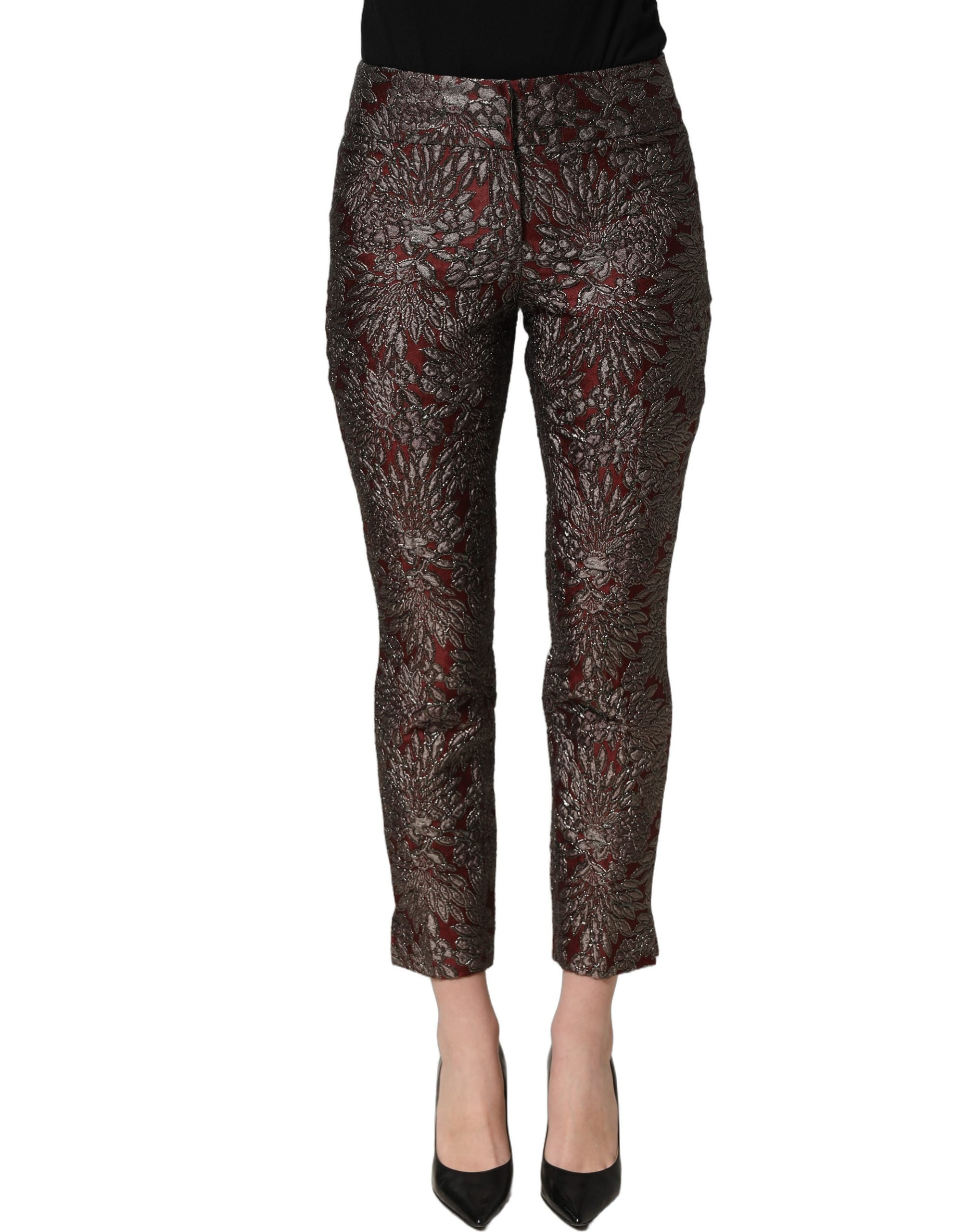 Dolce & Gabbana Burgundy Grey Floral Jacquard Straight Pants Dolce & Gabbana