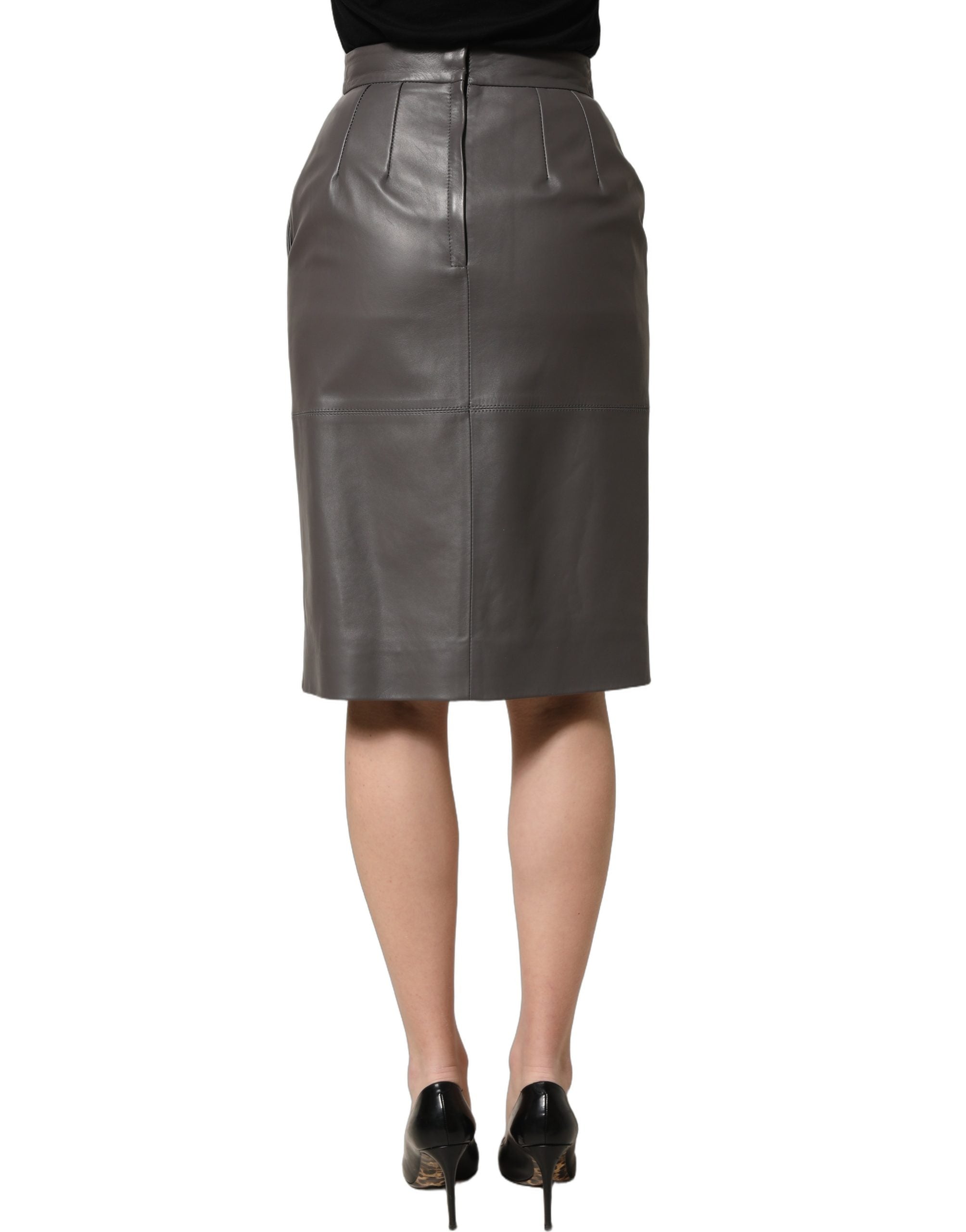 Dolce & Gabbana Gray Leather High Waist Pencil Cut Midi Skirt Dolce & Gabbana