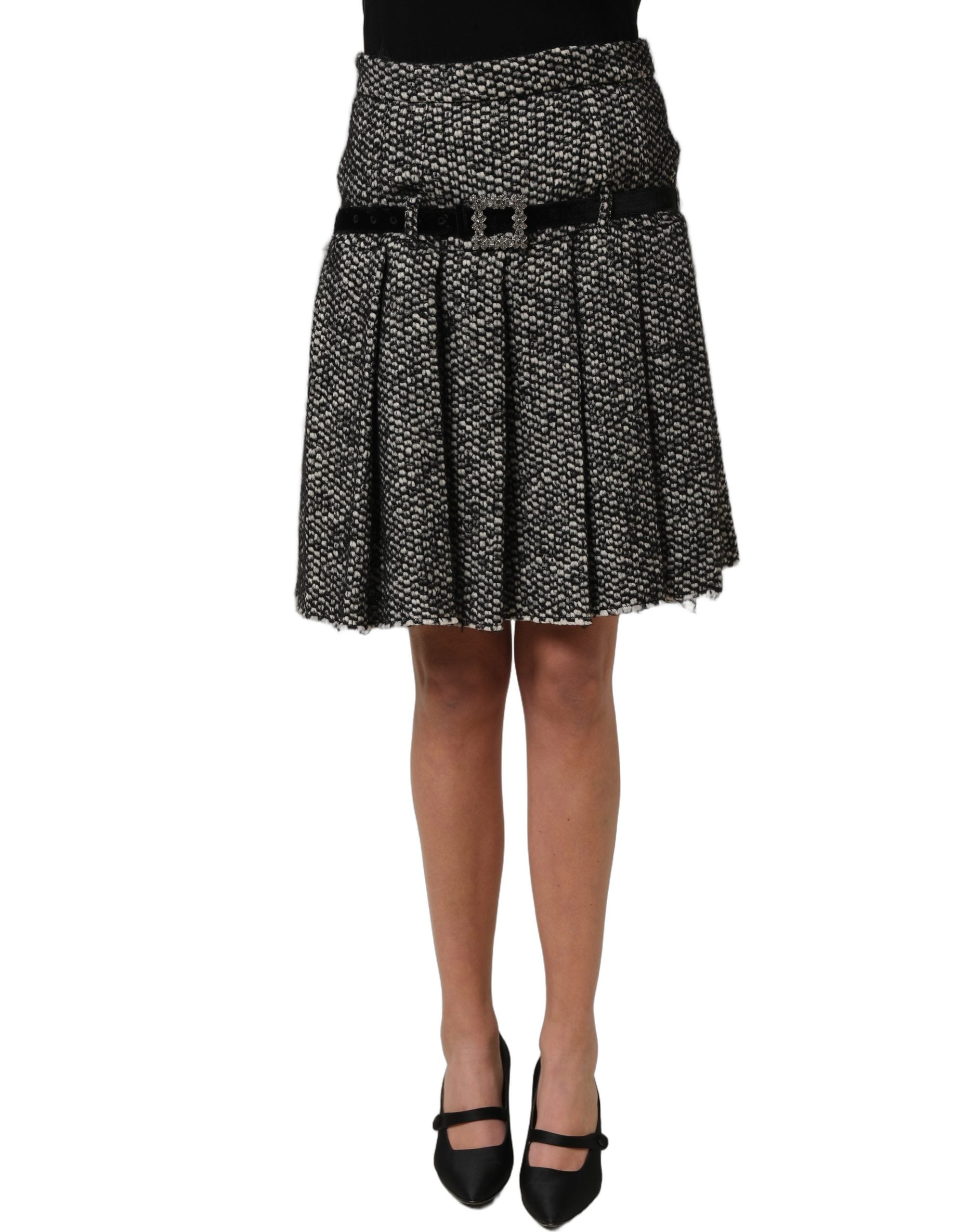 Dolce & Gabbana Black White Tweed High Waist Pleated Skirt Dolce & Gabbana