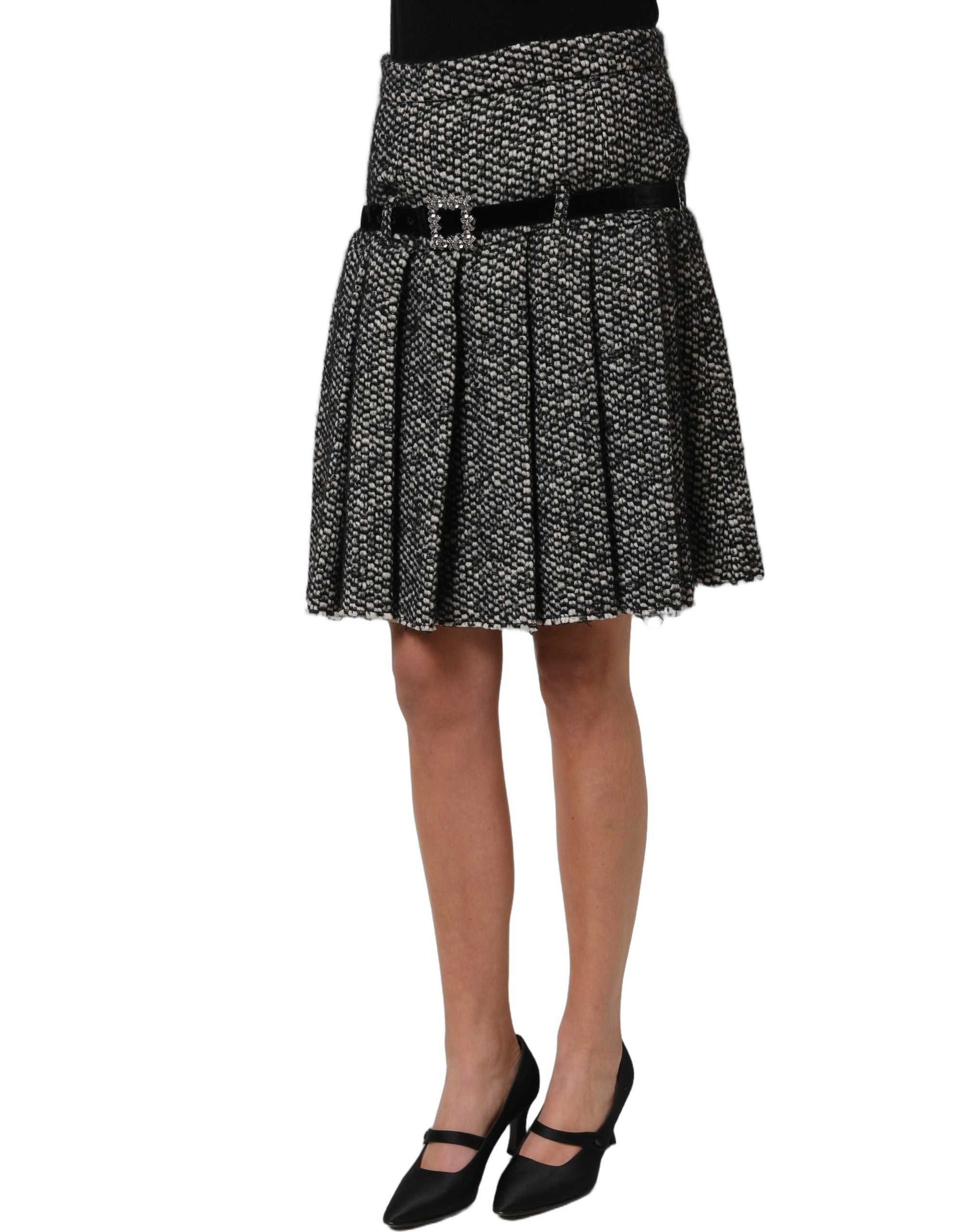 Dolce & Gabbana Black White Tweed High Waist Pleated Skirt Dolce & Gabbana