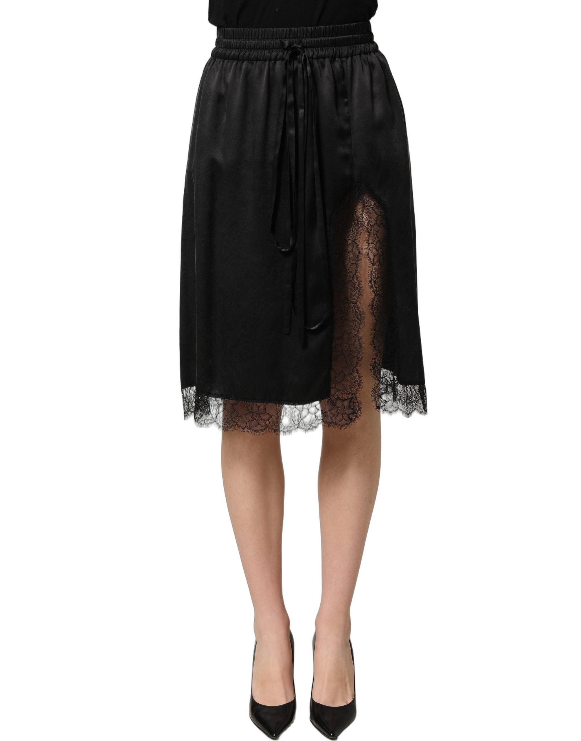Dolce & Gabbana Black Lace Trimmed Satin Side Slit Skirt Dolce & Gabbana