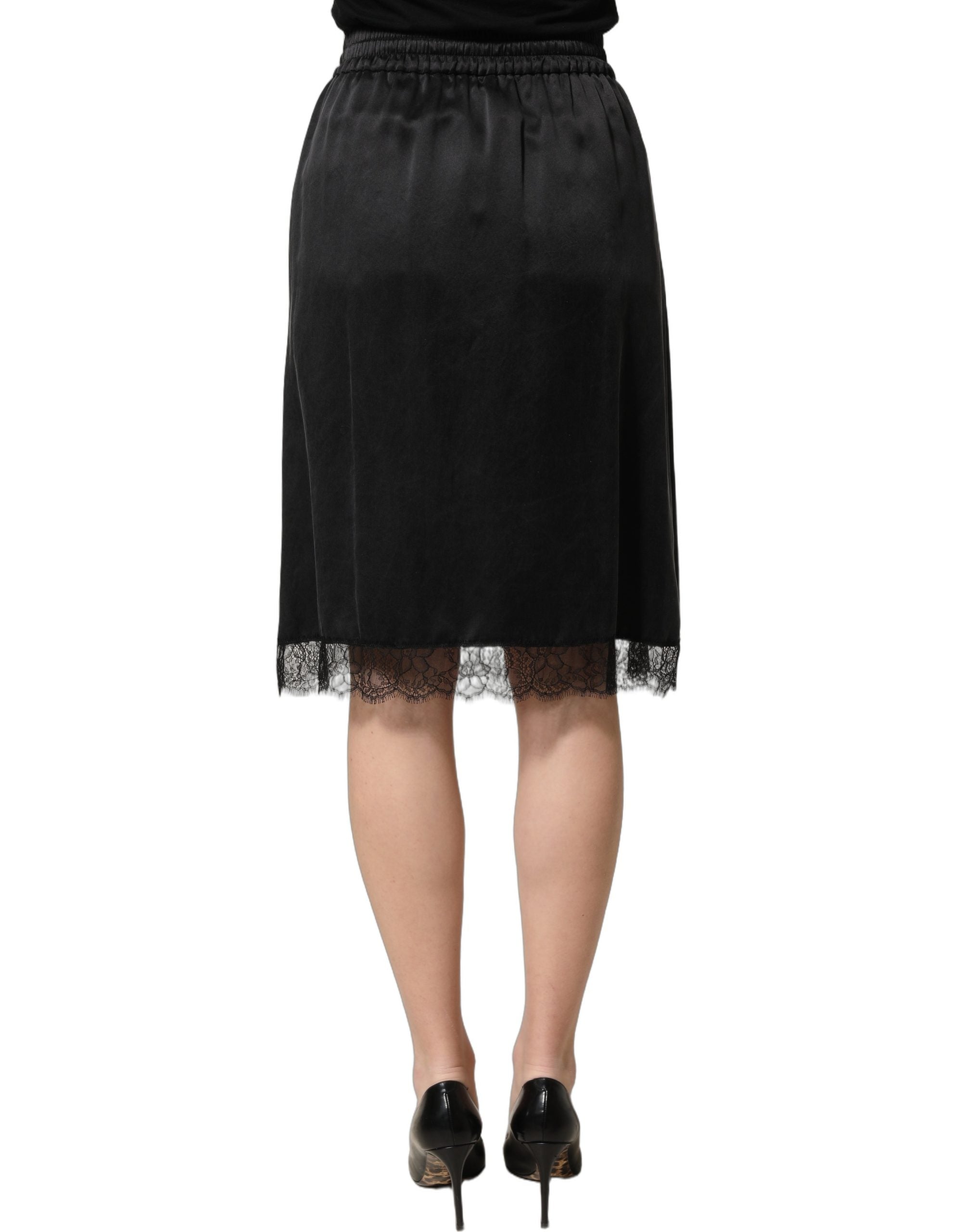 Dolce & Gabbana Black Lace Trimmed Satin Side Slit Skirt Dolce & Gabbana