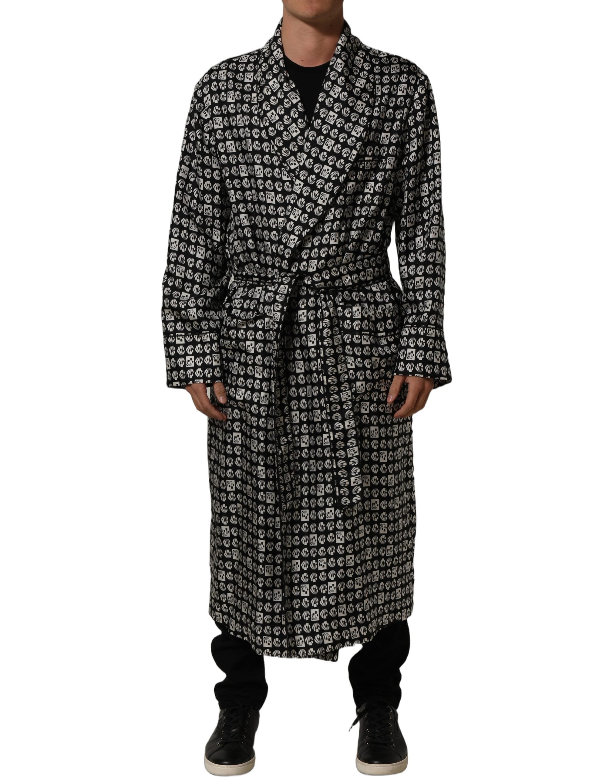 Dolce & Gabbana Black White Silk Men Wrap Robe Coat Jacket Dolce & Gabbana