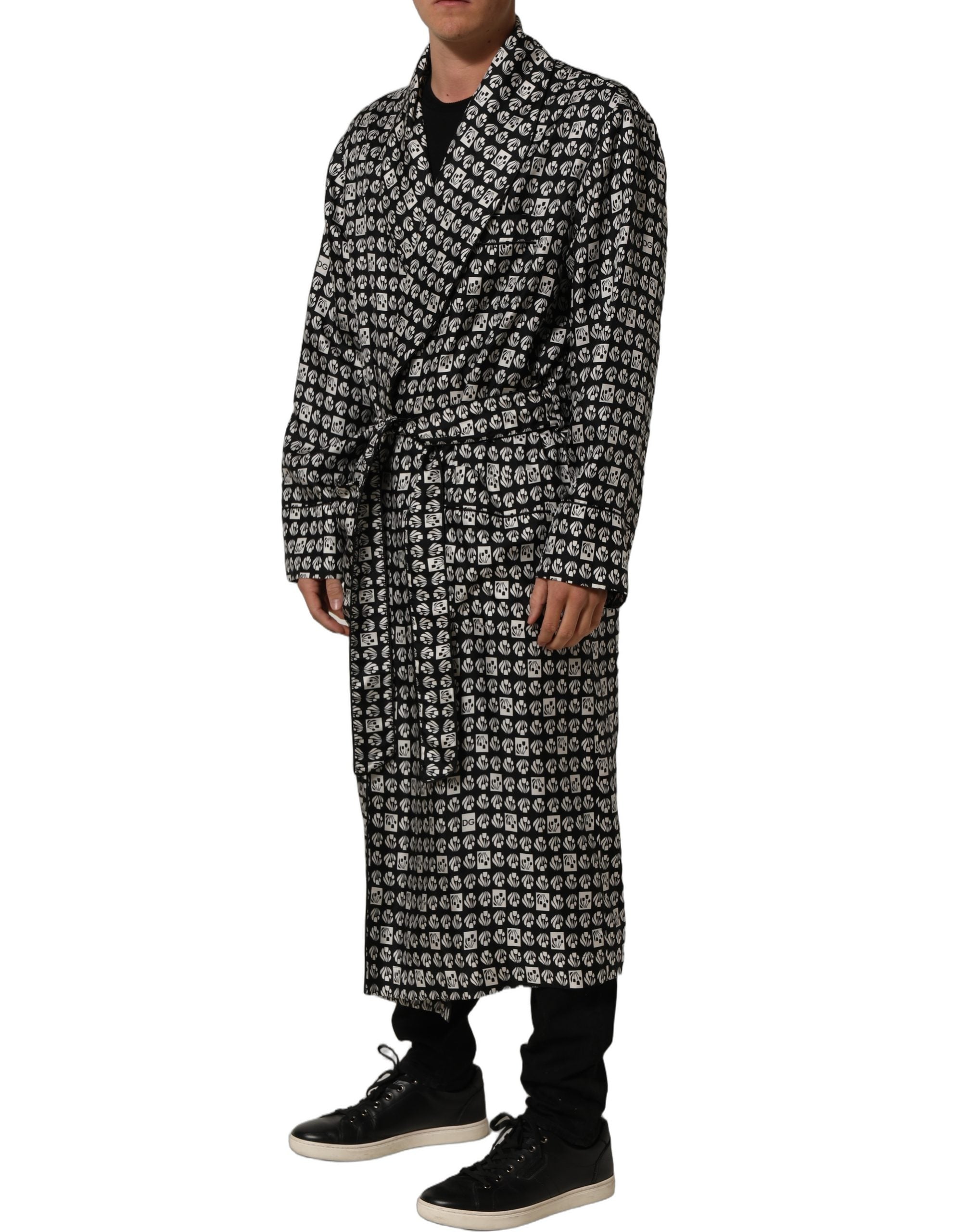 Dolce & Gabbana Black White Silk Men Wrap Robe Coat Jacket Dolce & Gabbana