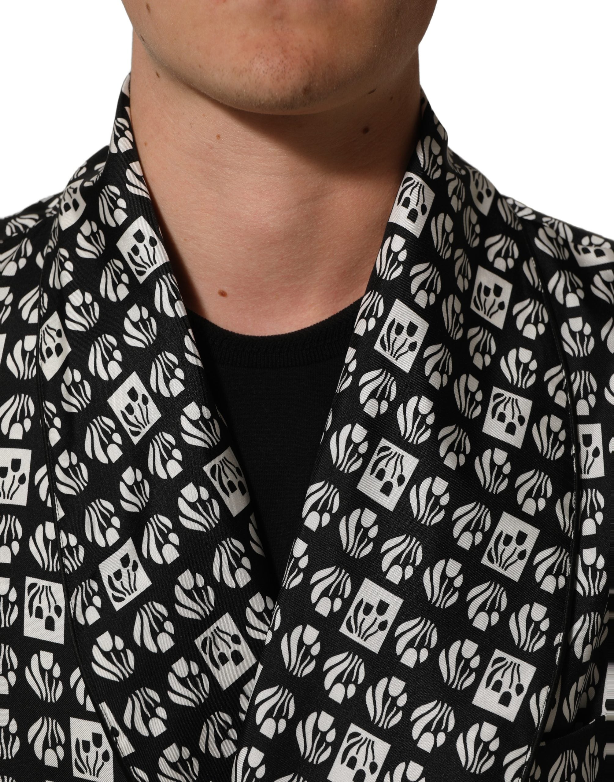 Dolce & Gabbana Black White Silk Men Wrap Robe Coat Jacket Dolce & Gabbana