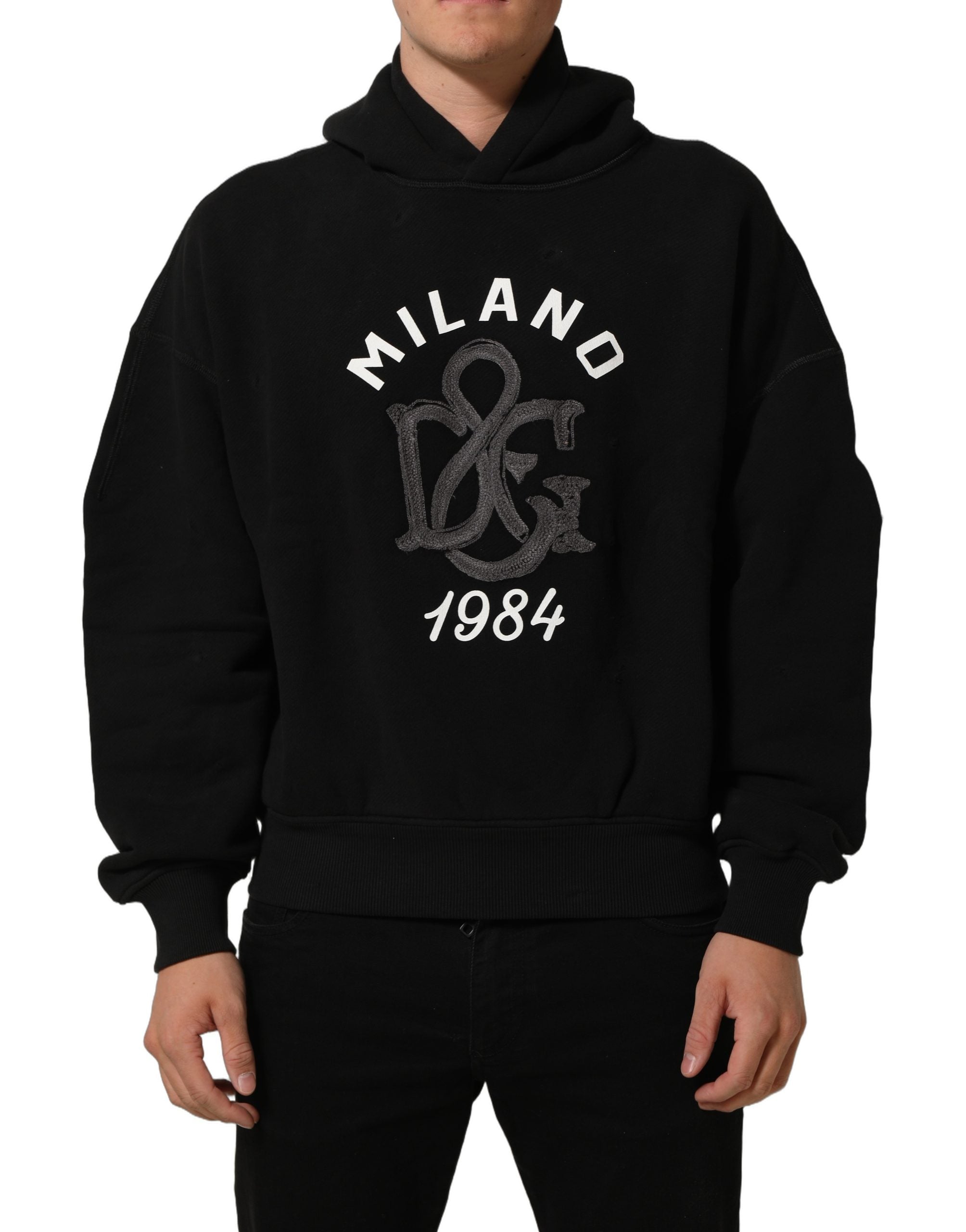Dolce & Gabbana Black Cotton Milano1984 Print Hoodie Sweater Dolce & Gabbana