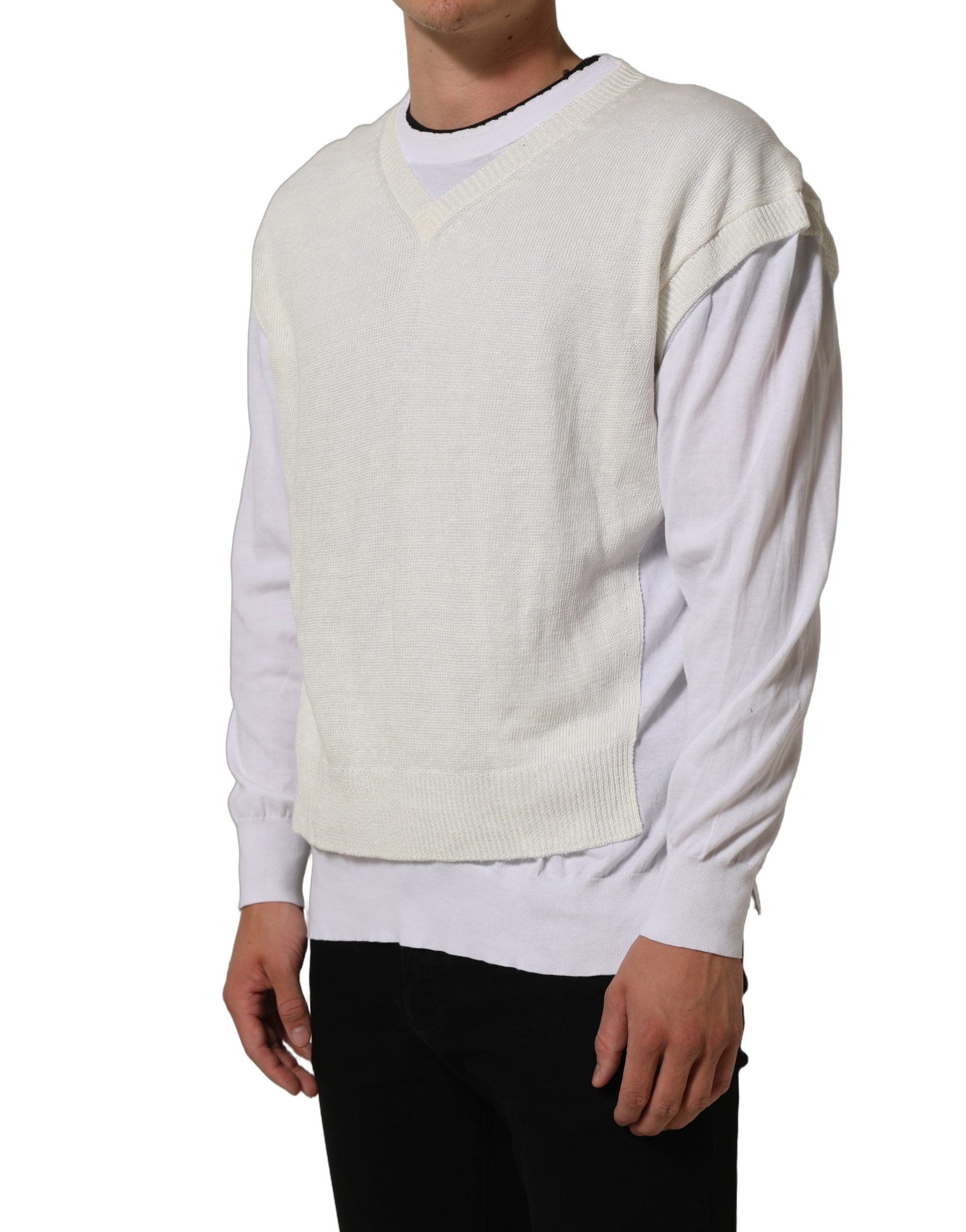 Dolce & Gabbana White Flax CrewNeck Layered Pullover Sweater Dolce & Gabbana