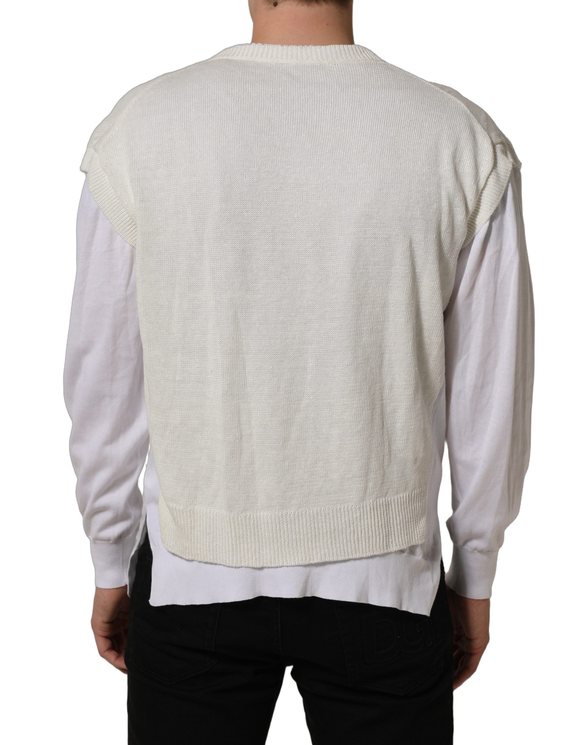Dolce & Gabbana White Flax CrewNeck Layered Pullover Sweater Dolce & Gabbana
