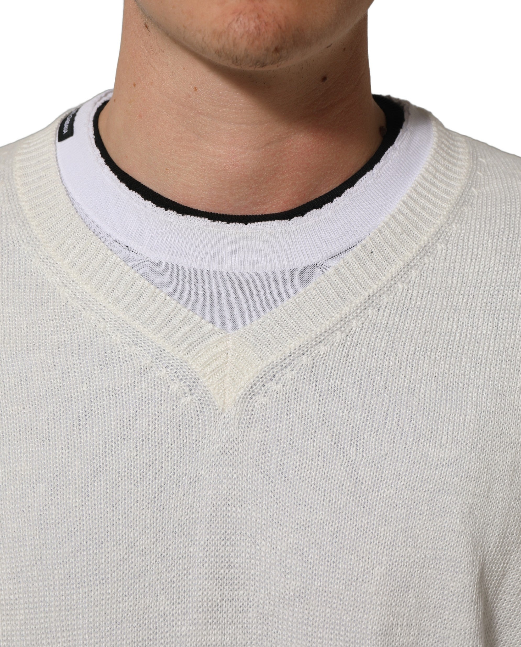 Dolce & Gabbana White Flax CrewNeck Layered Pullover Sweater Dolce & Gabbana