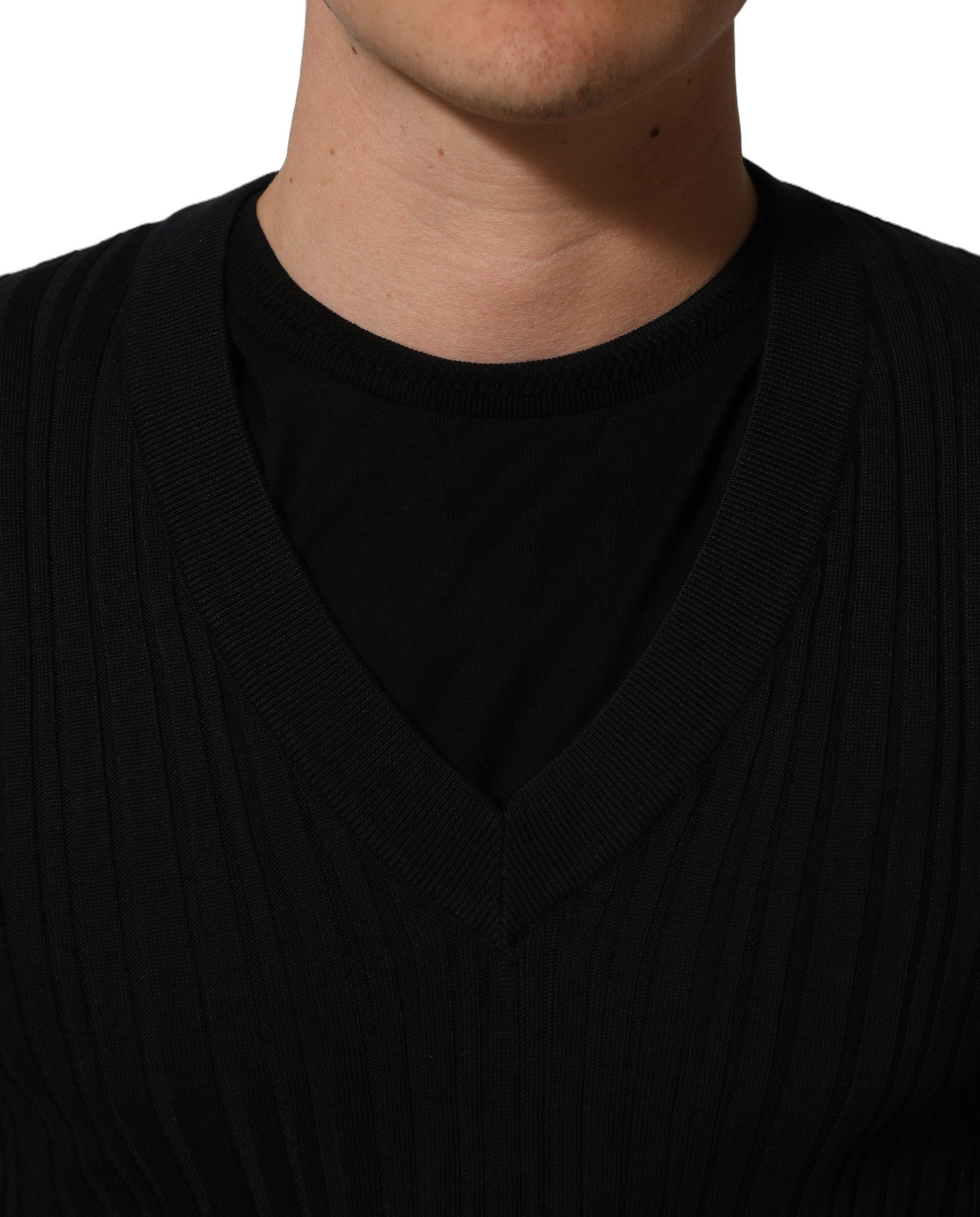 Dolce & Gabbana Black Silk Blend V-neck Pullover Men Sweater Dolce & Gabbana