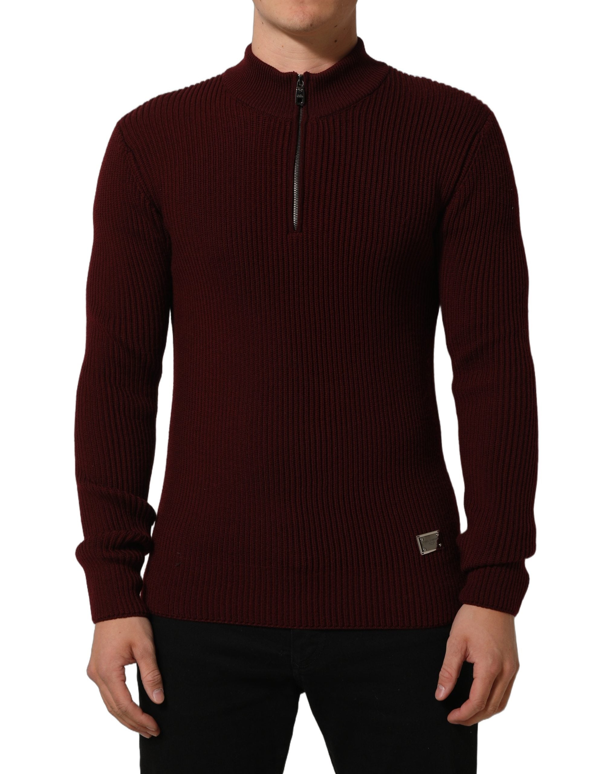 Dolce & Gabbana Burgundy Wool Half Zip Men Pullover Sweater Dolce & Gabbana