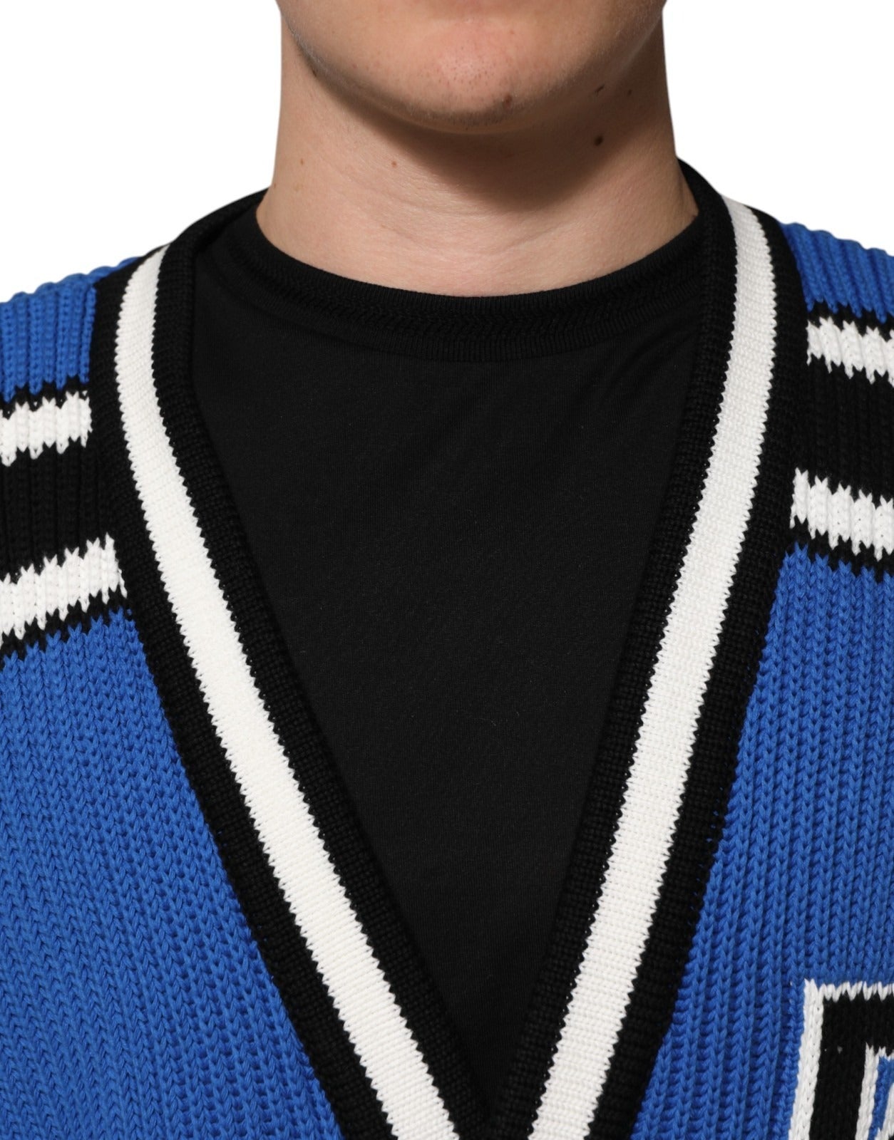 Dolce & Gabbana Blue Cotton Logo Patch Ribbed Knit Cardigan Sweater Dolce & Gabbana