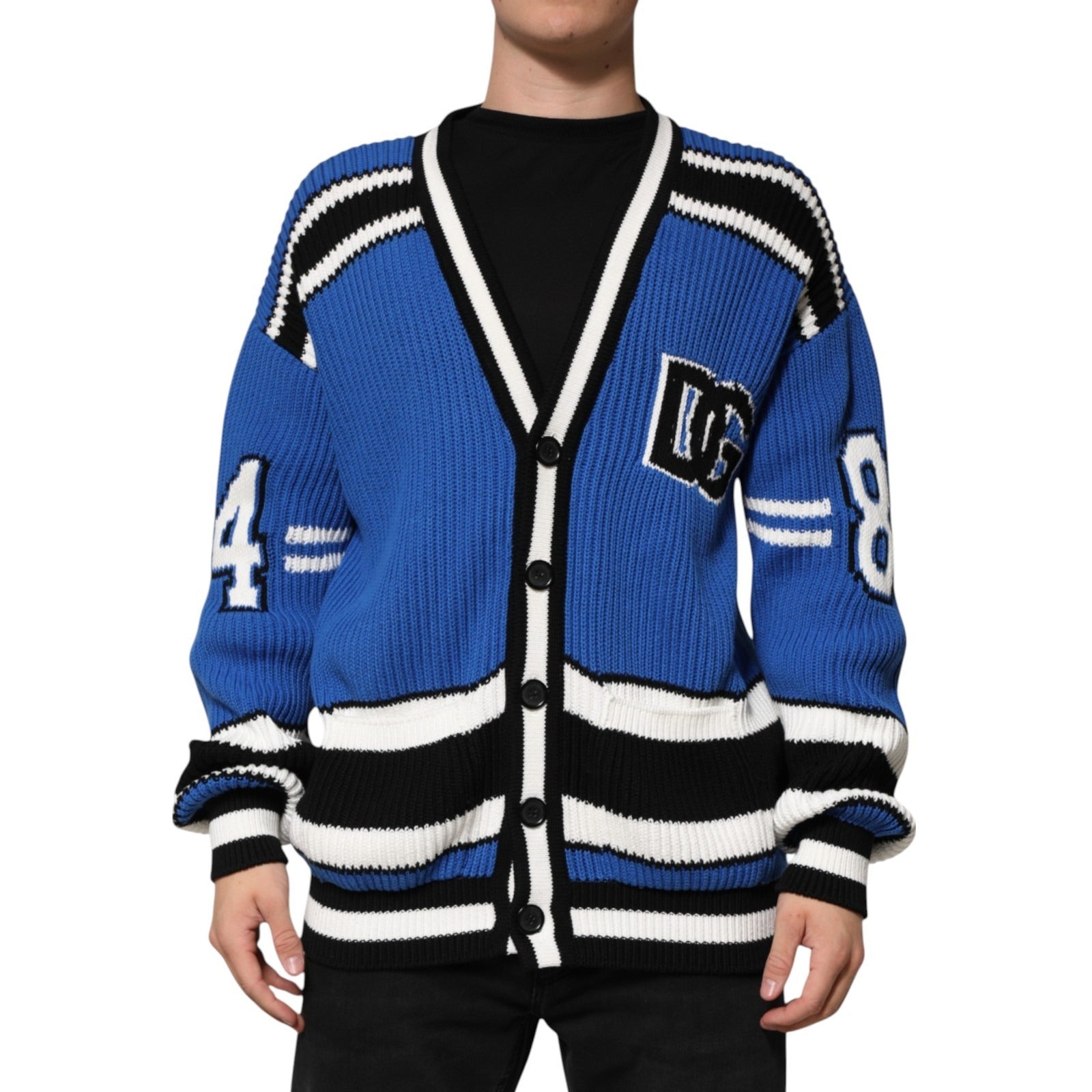 Dolce & Gabbana Blue Cotton Logo Patch Ribbed Knit Cardigan Sweater Dolce & Gabbana