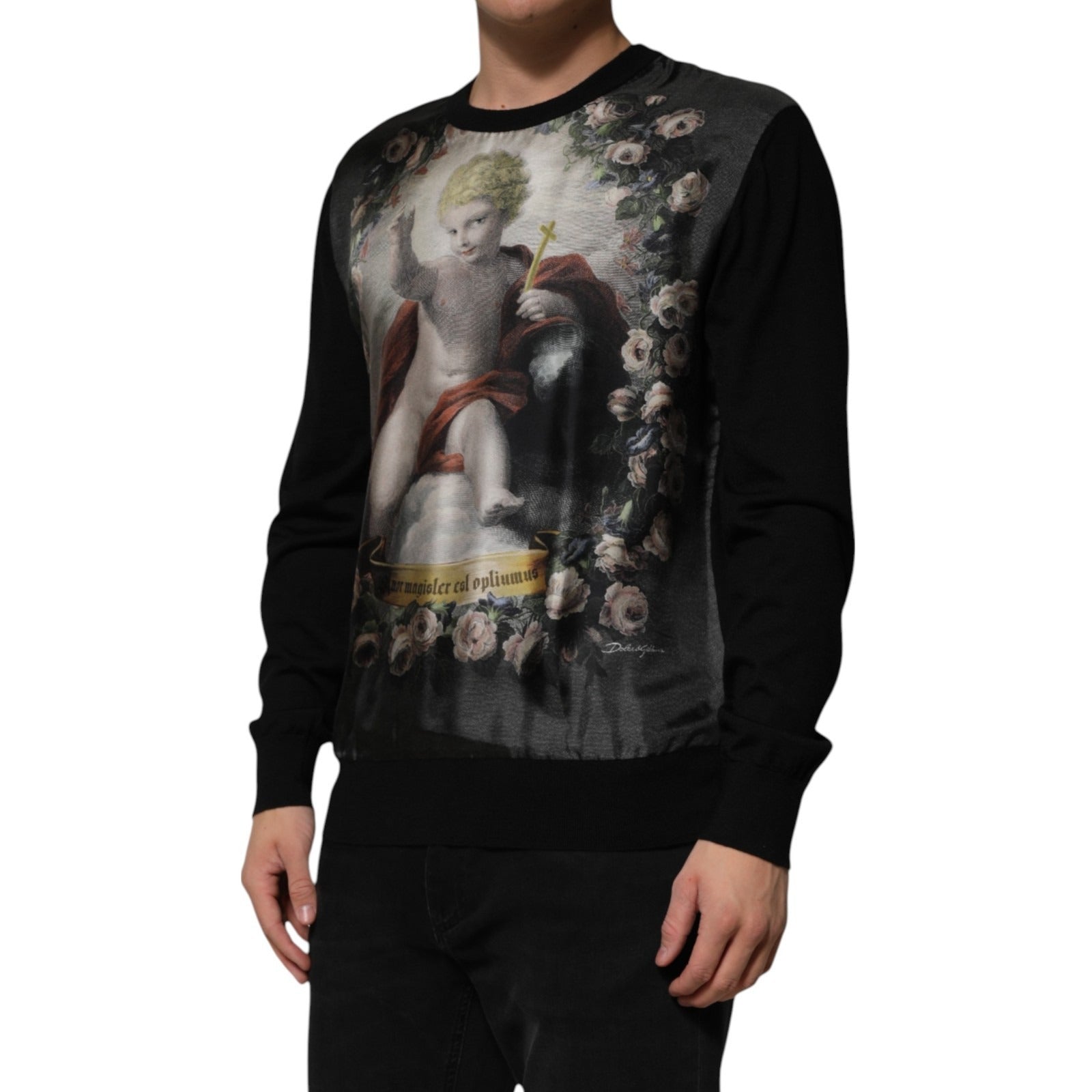 Dolce & Gabbana Black Cashmere Cherub Print Baroque Sweater Dolce & Gabbana