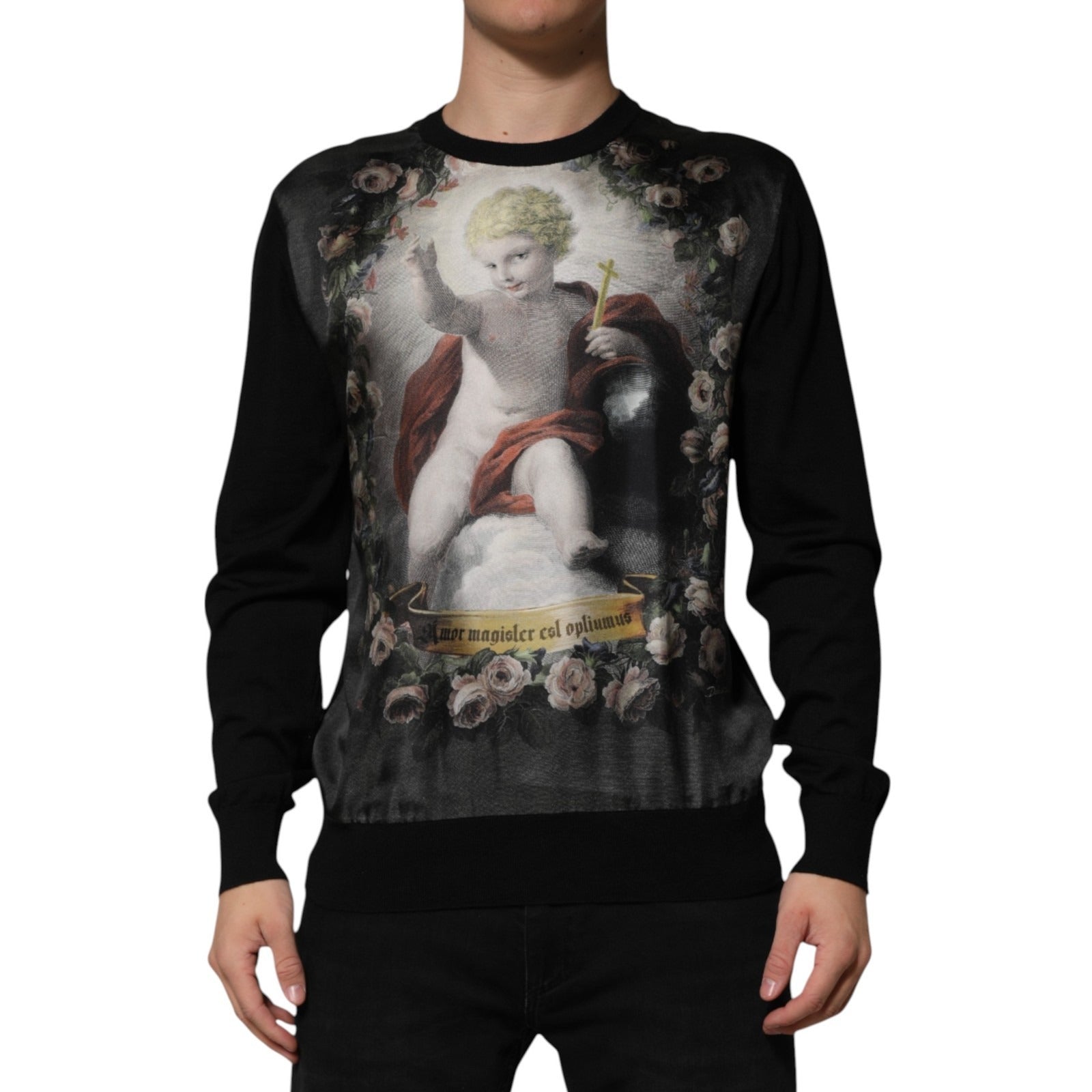 Dolce & Gabbana Black Cashmere Cherub Print Baroque Sweater Dolce & Gabbana