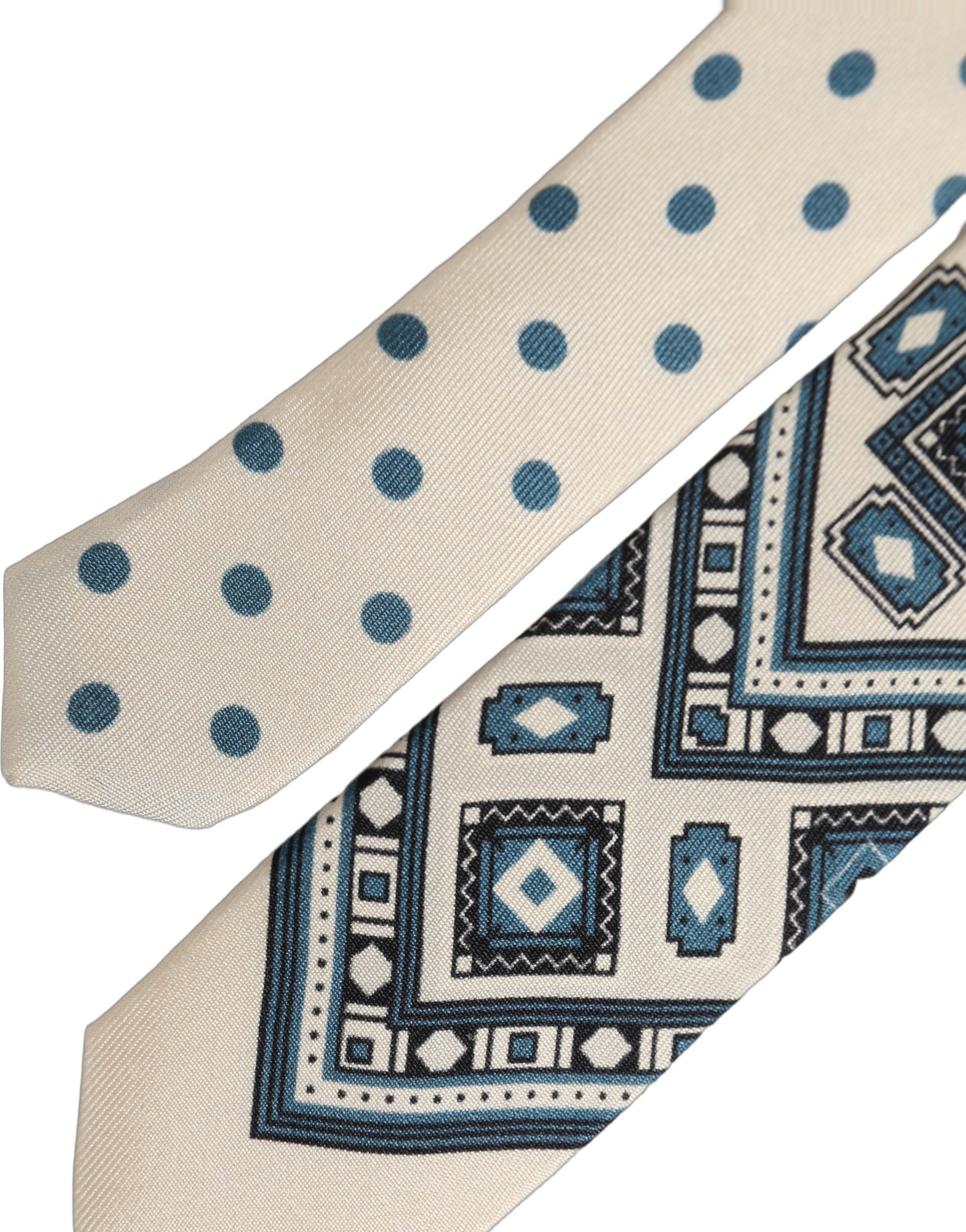 Dolce & Gabbana Men Off White Blue Geometric Adjustable Tied Necktie Tie Dolce & Gabbana