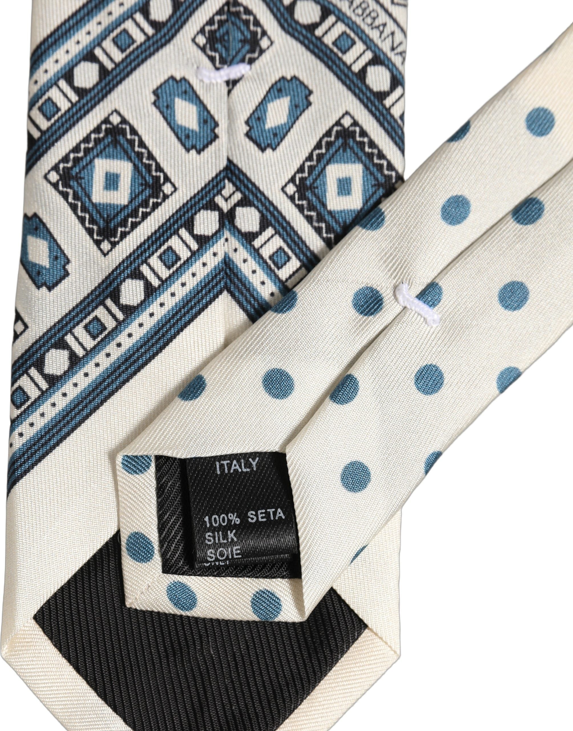 Dolce & Gabbana Men Off White Blue Geometric Adjustable Tied Necktie Tie Dolce & Gabbana