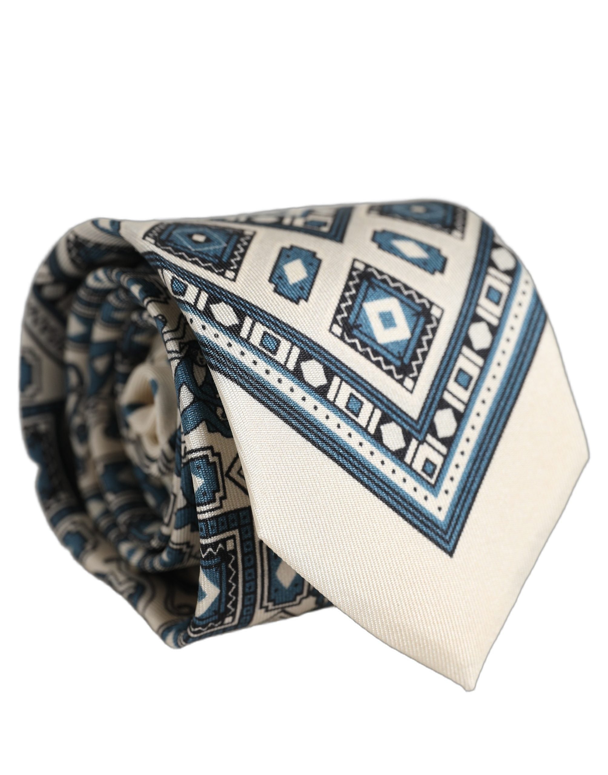 Dolce & Gabbana Men Off White Blue Geometric Adjustable Tied Necktie Tie Dolce & Gabbana