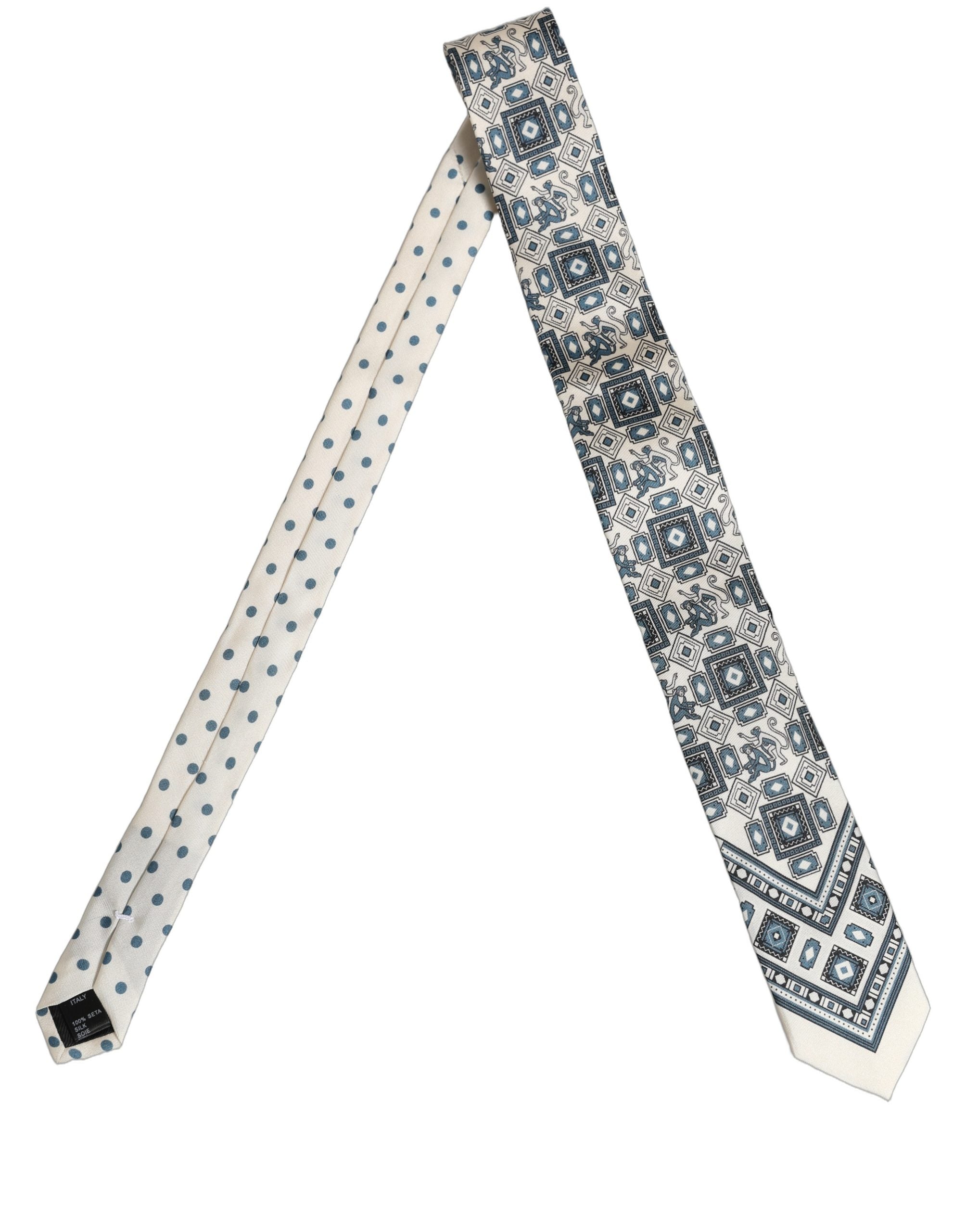 Dolce & Gabbana Men Off White Blue Geometric Adjustable Tied Necktie Tie Dolce & Gabbana